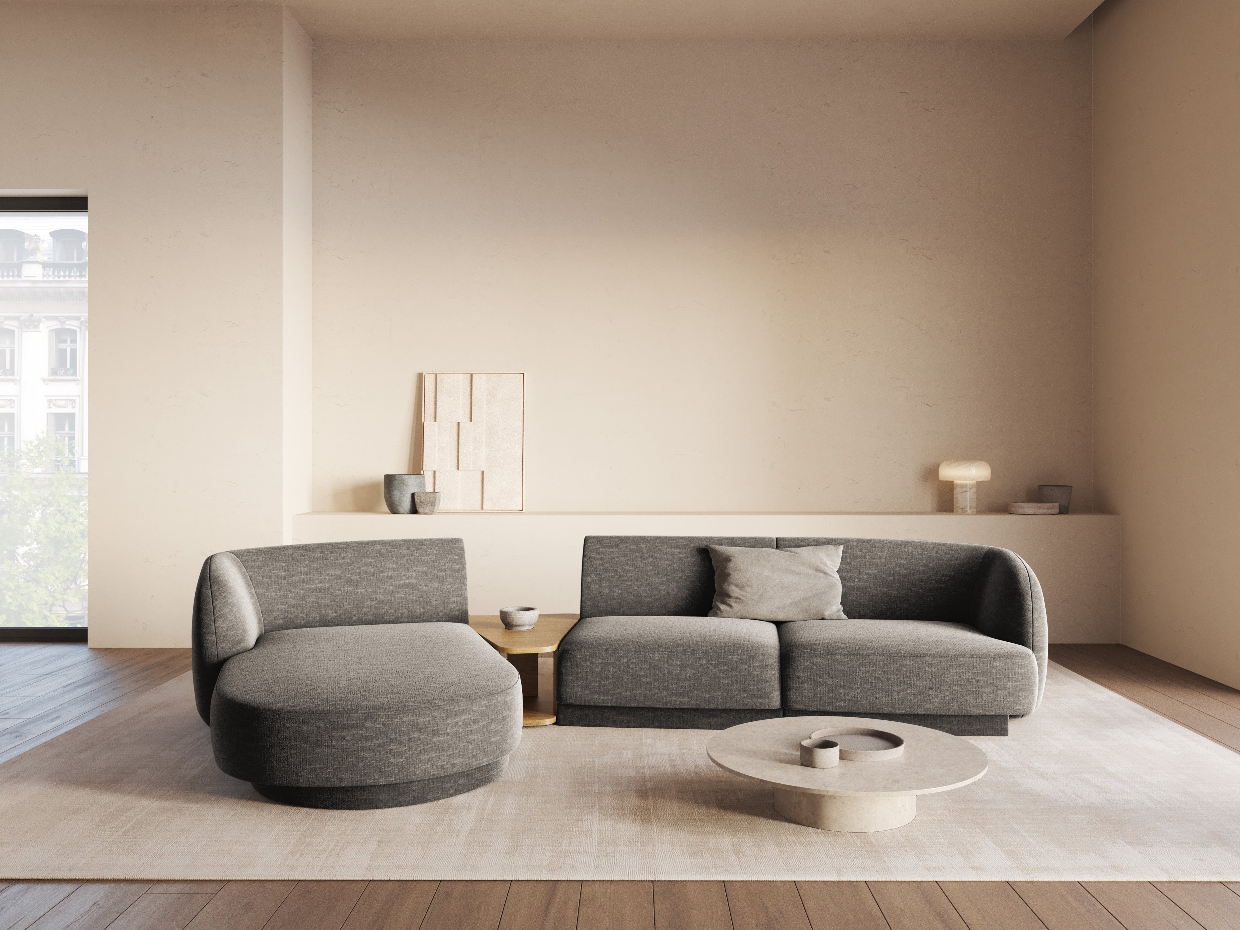 Modulový rohový gauč so stolíkom 3-miestny ľavostranný MILEY šedý šenilový