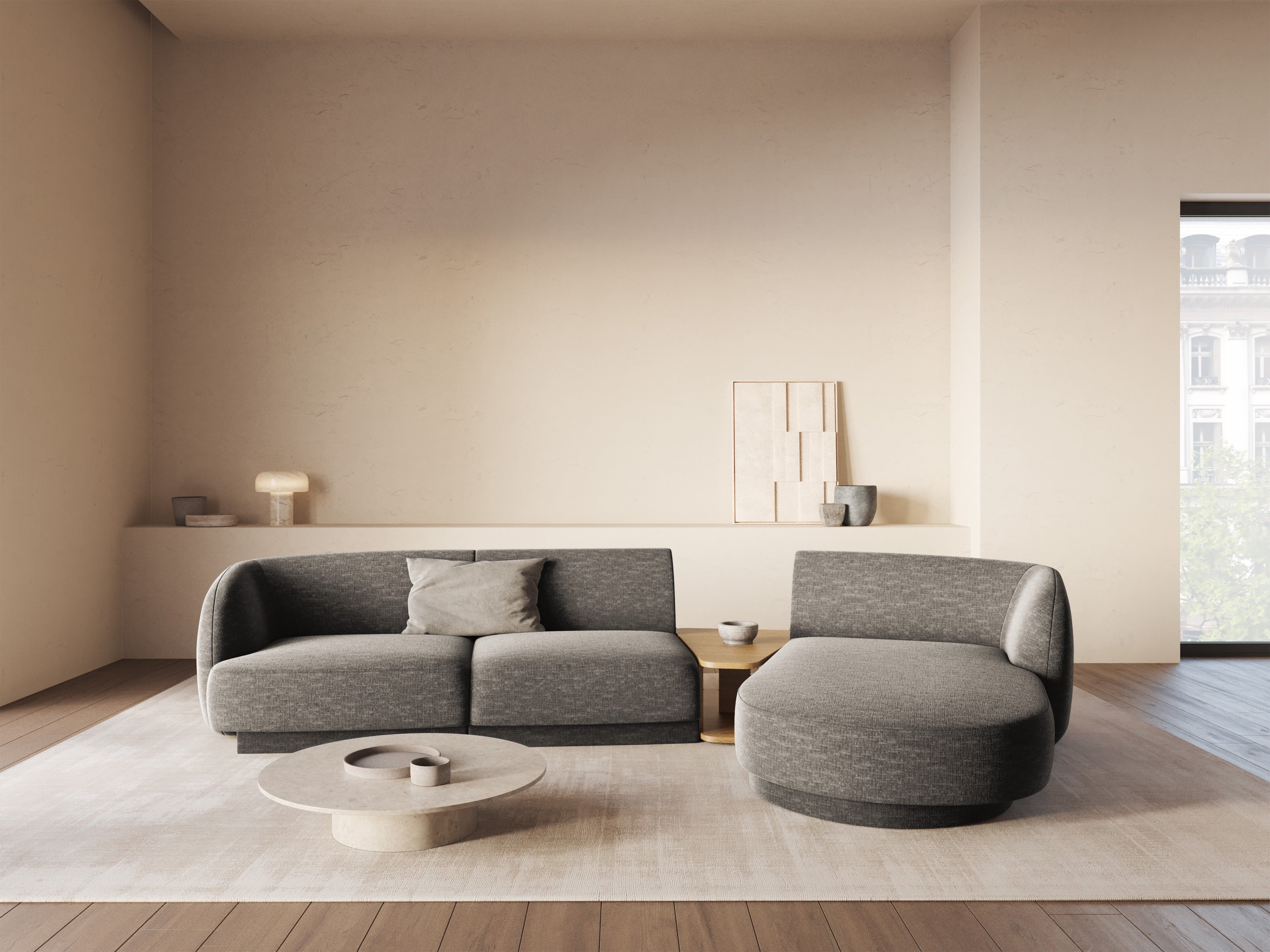 Modulový rohový gauč so stolíkom 3-osobový pravostranný MILEY šedý šenilový