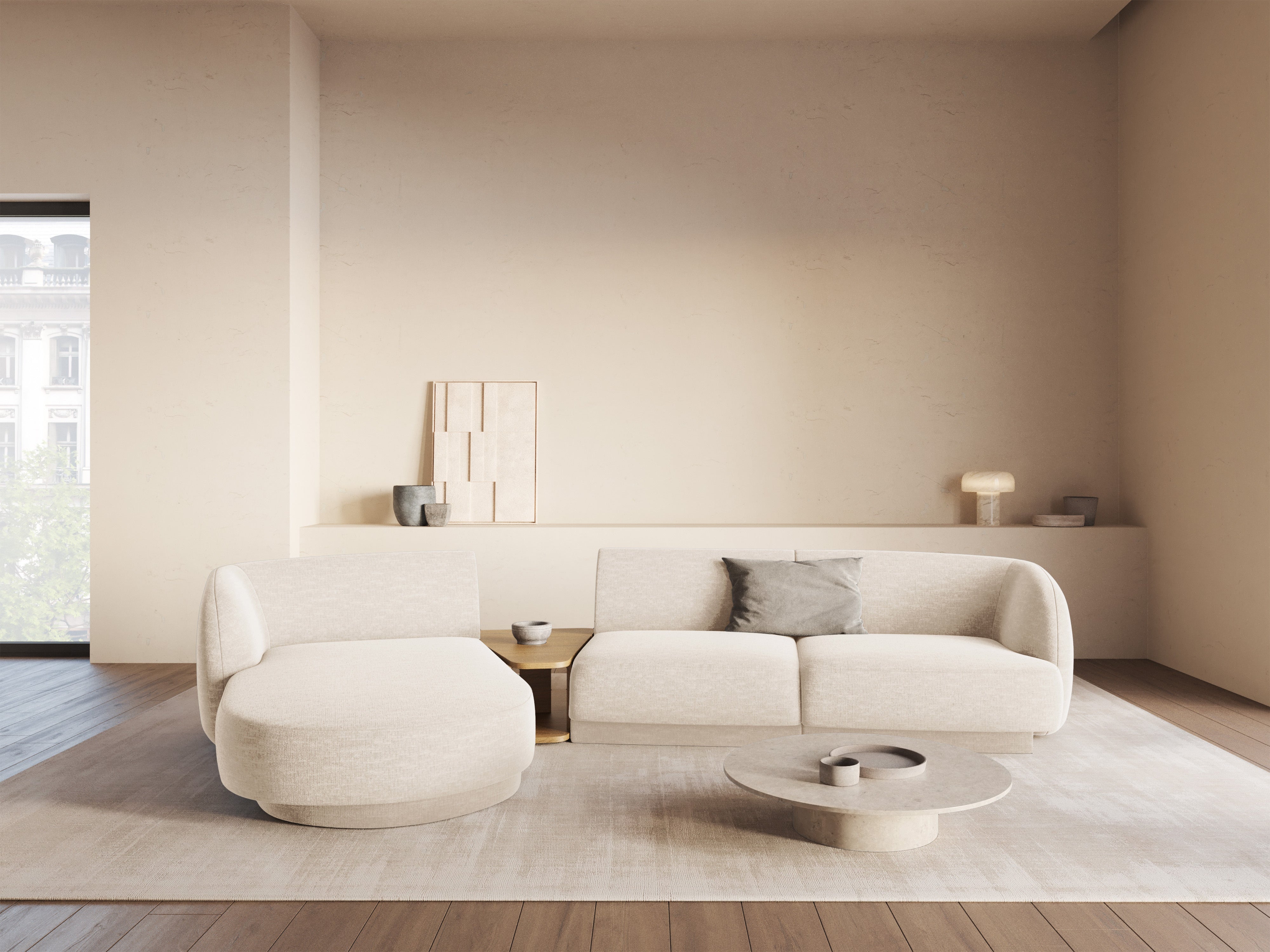 Modulový rohový gauč so stolíkom 3-osobový ľavostranný MILEY slonovinová kosť s chenilom