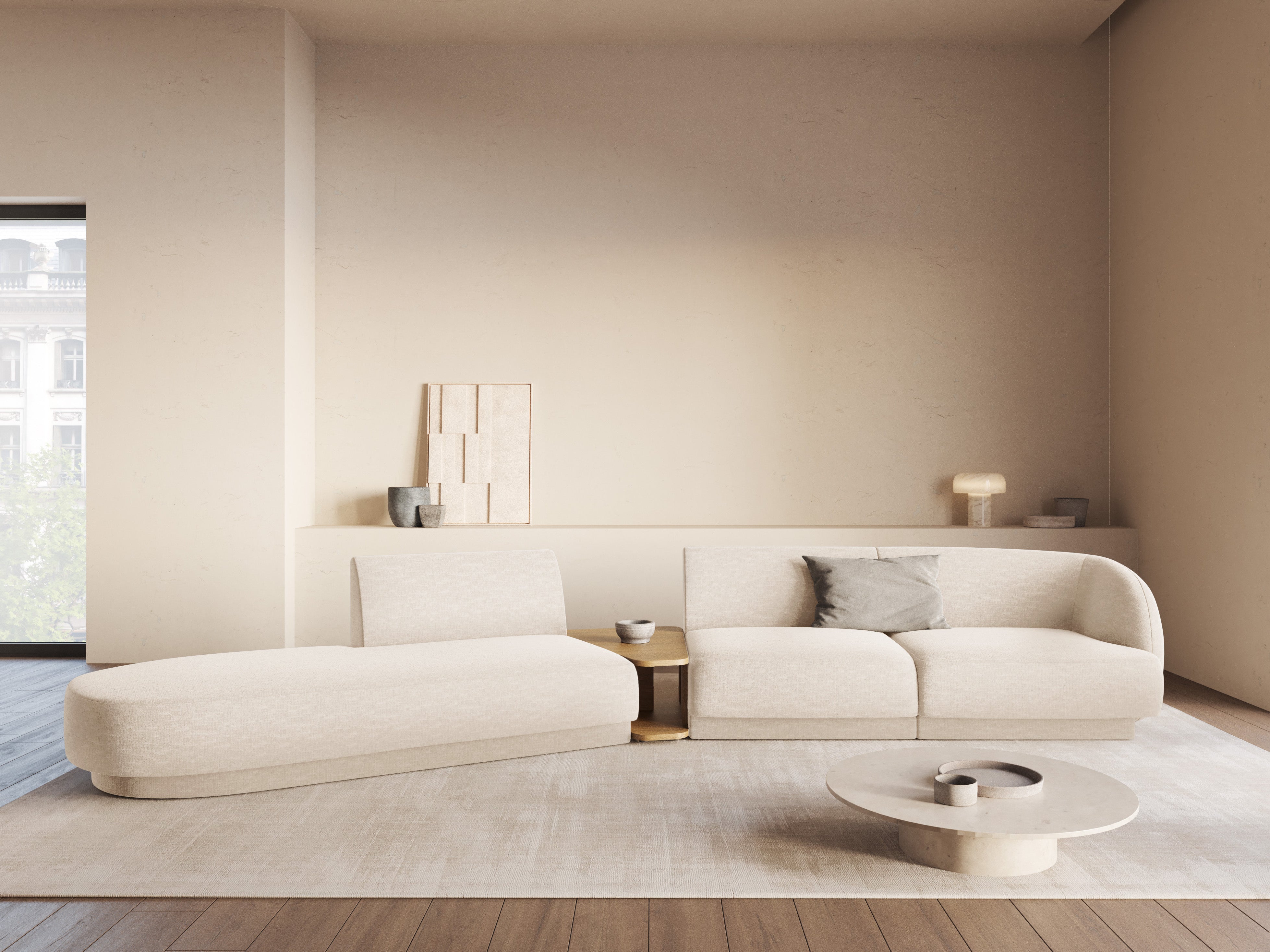 Left-facing modular sofa with table for 4 people MILEY light beige silky chenille