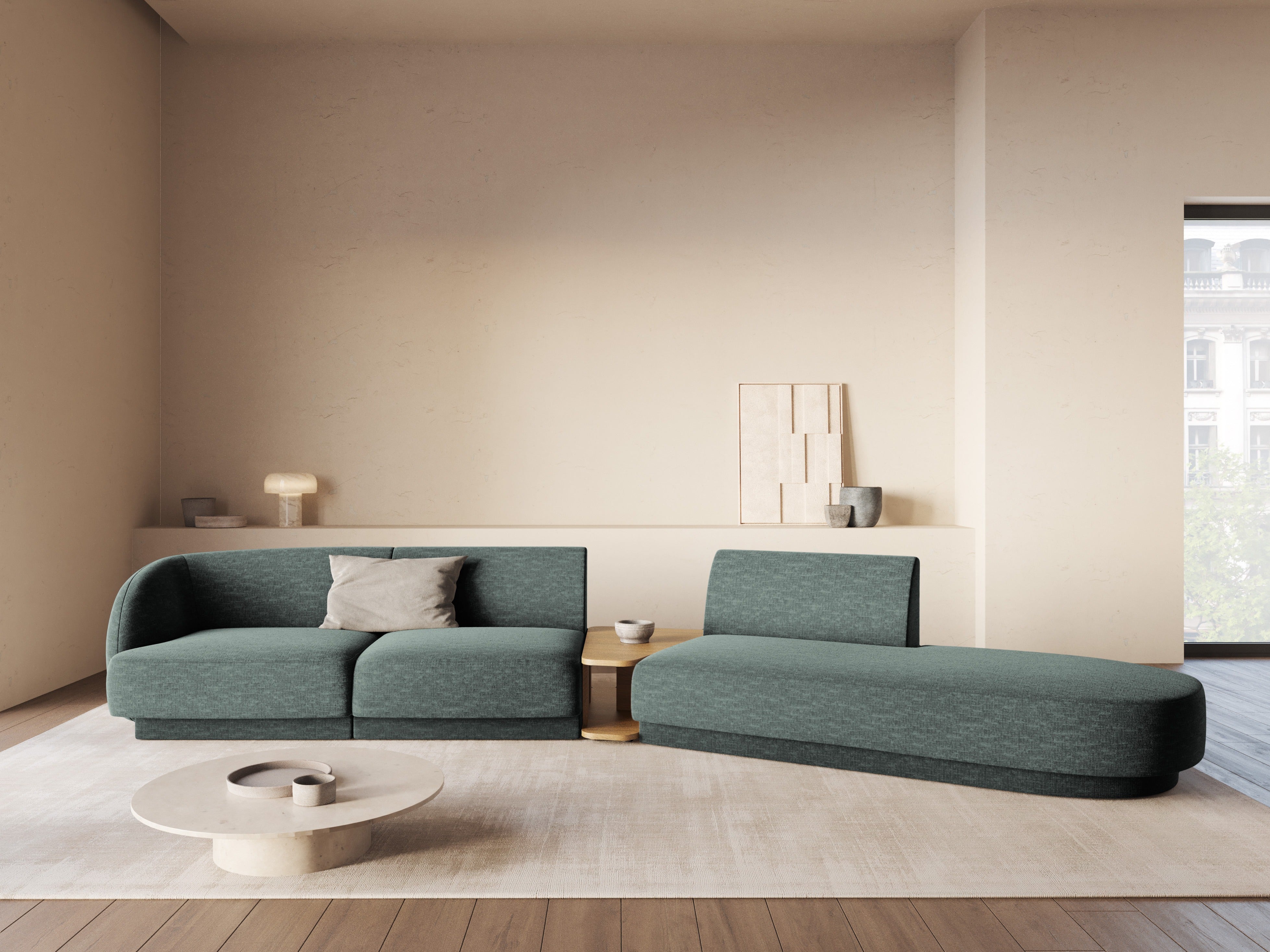 Right-facing modular sofa with table for 4 people MILEY petrol silky chenille