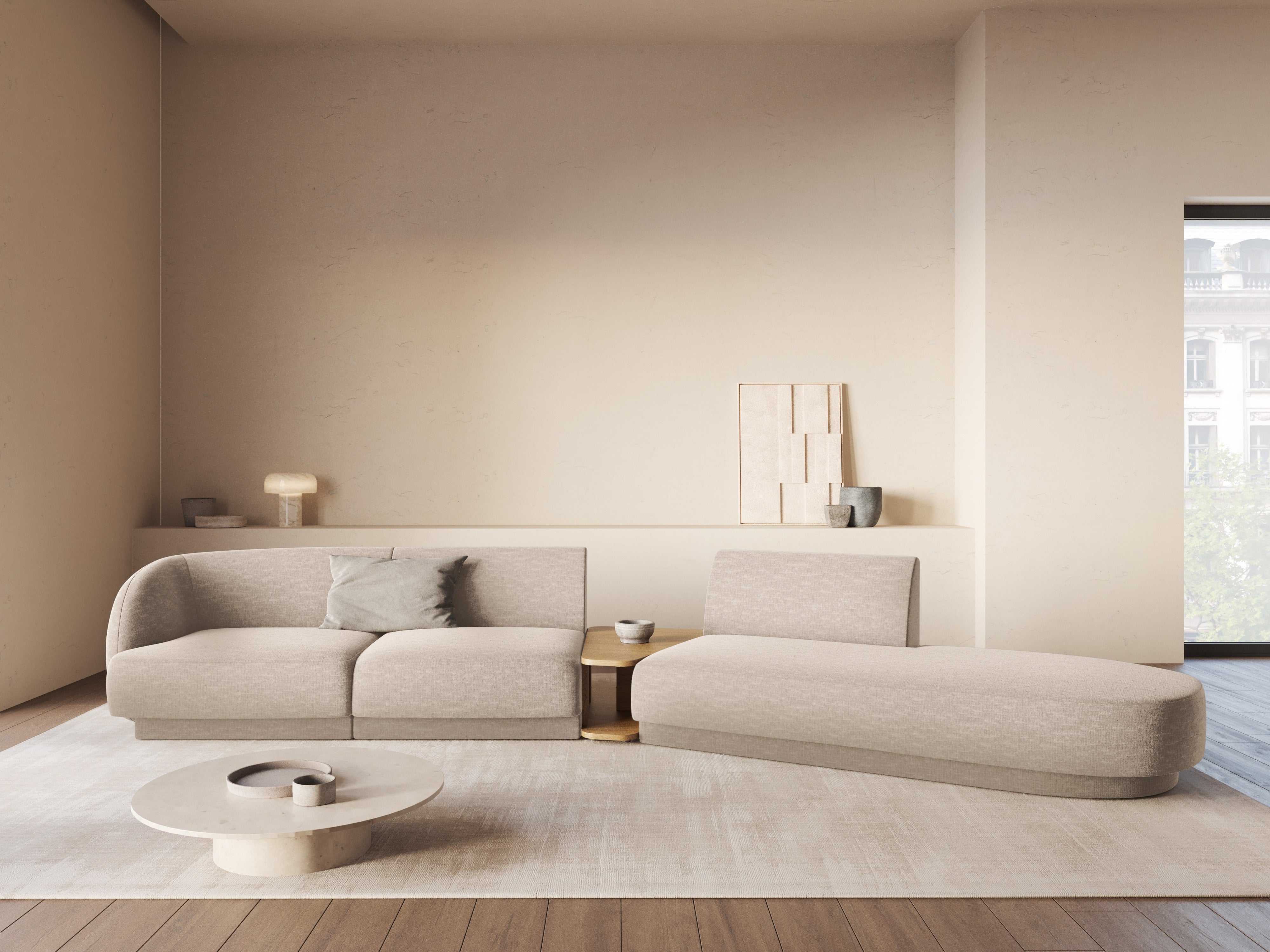 Modulárna pohovka pravostranná so stolíkom pre 4 osoby MILEY béžový šenil