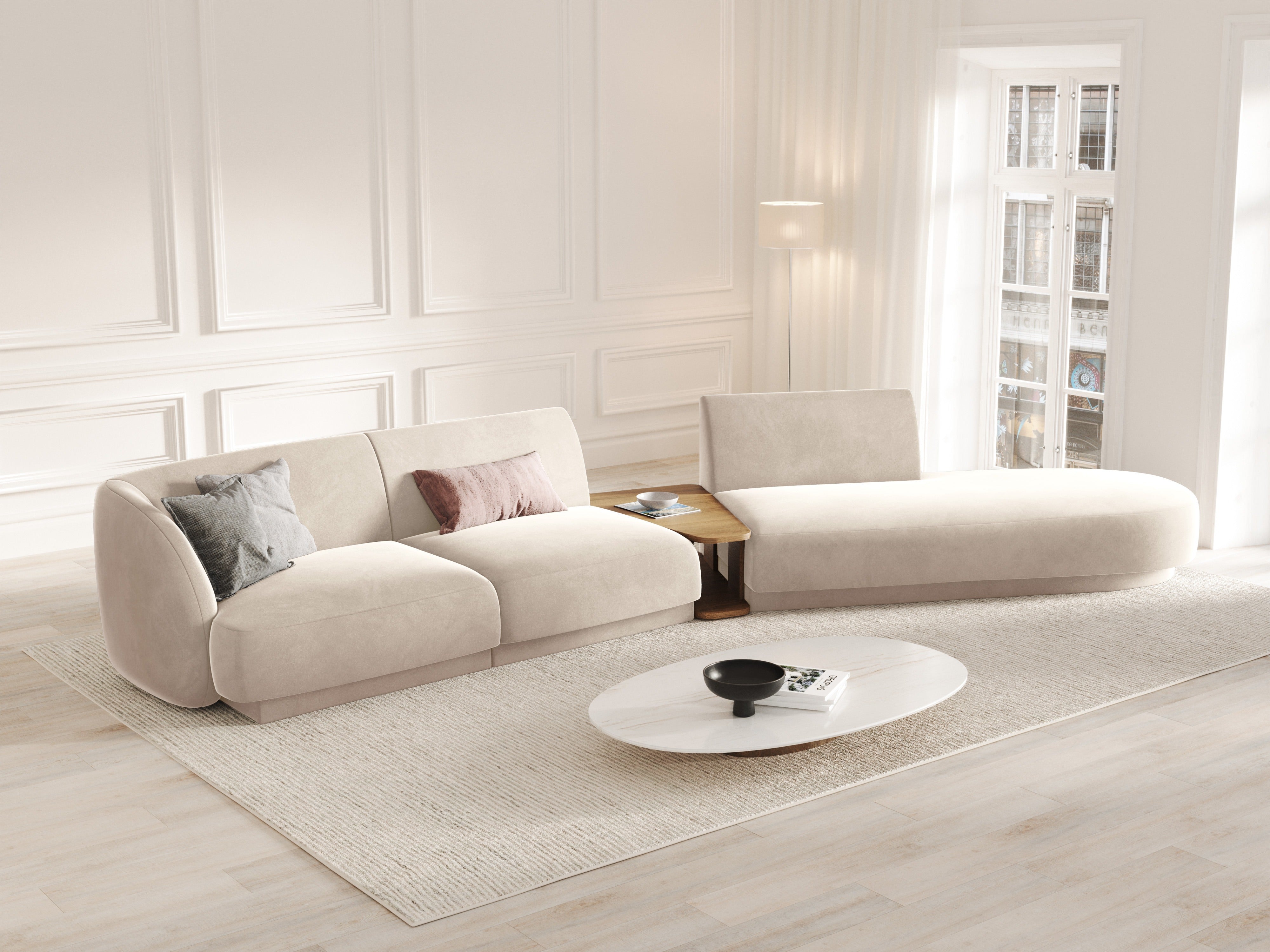 Right-facing modular sofa with table for 4 people in light beige velvet MILEY