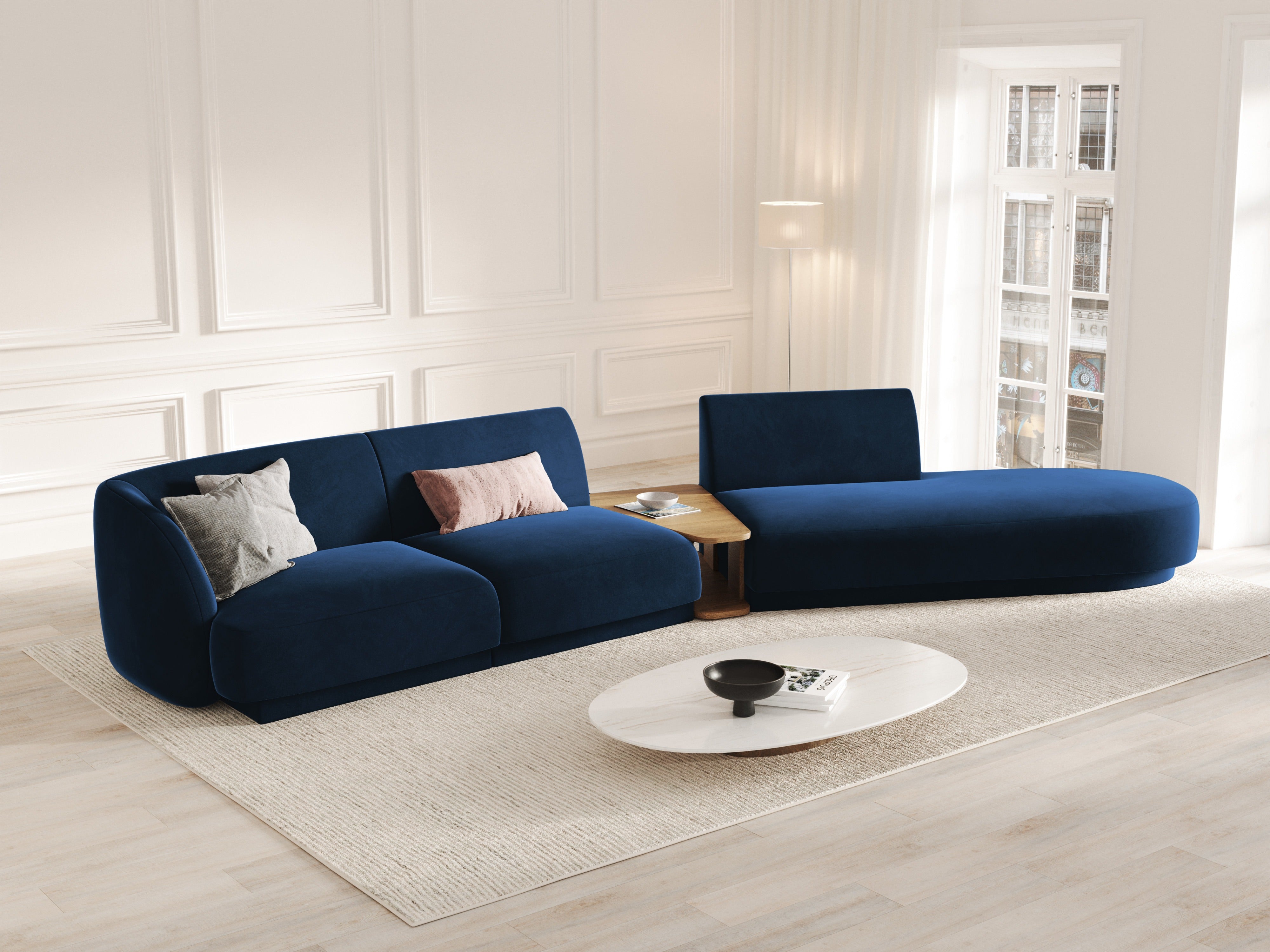 Right-facing modular sofa with table for 4 people in royal blue velvet MILEY