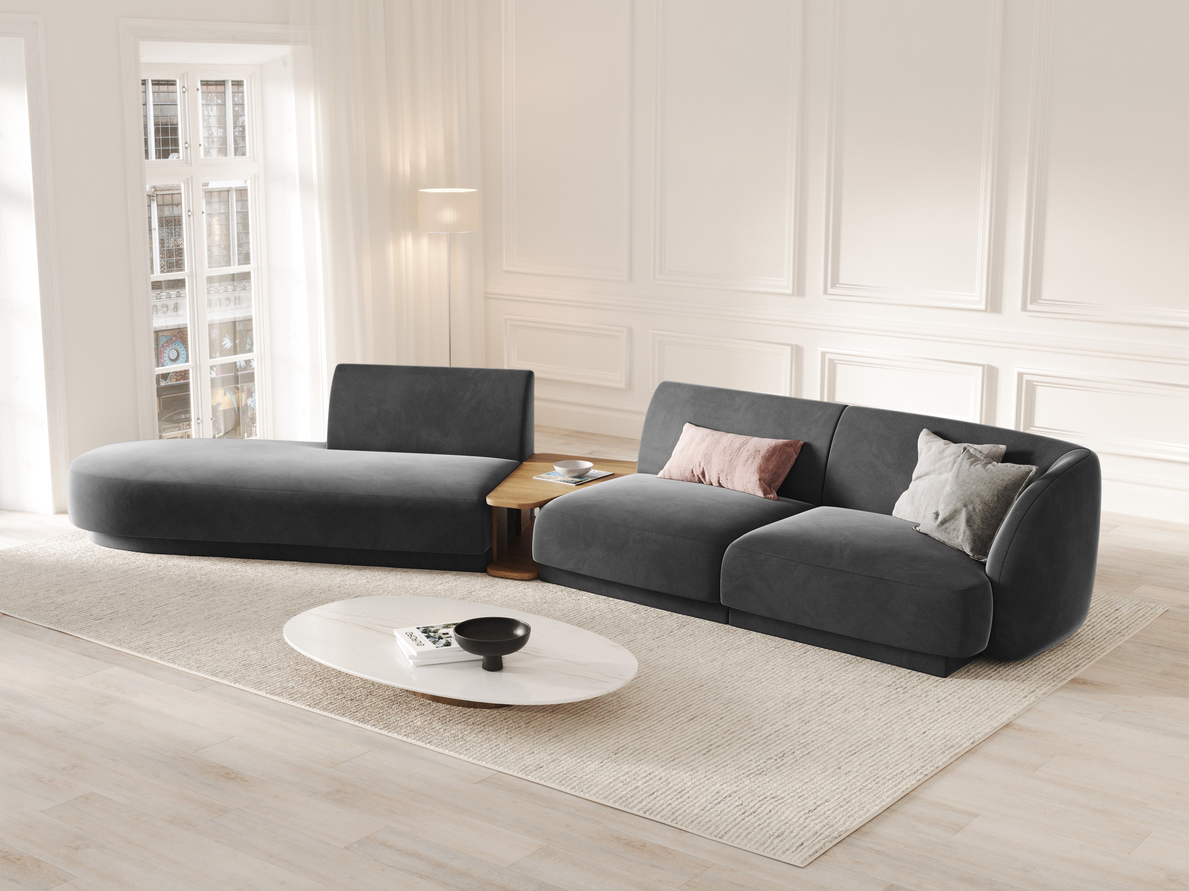 Left-sided modular sofa with table for 4 people, velvet MILEY gray