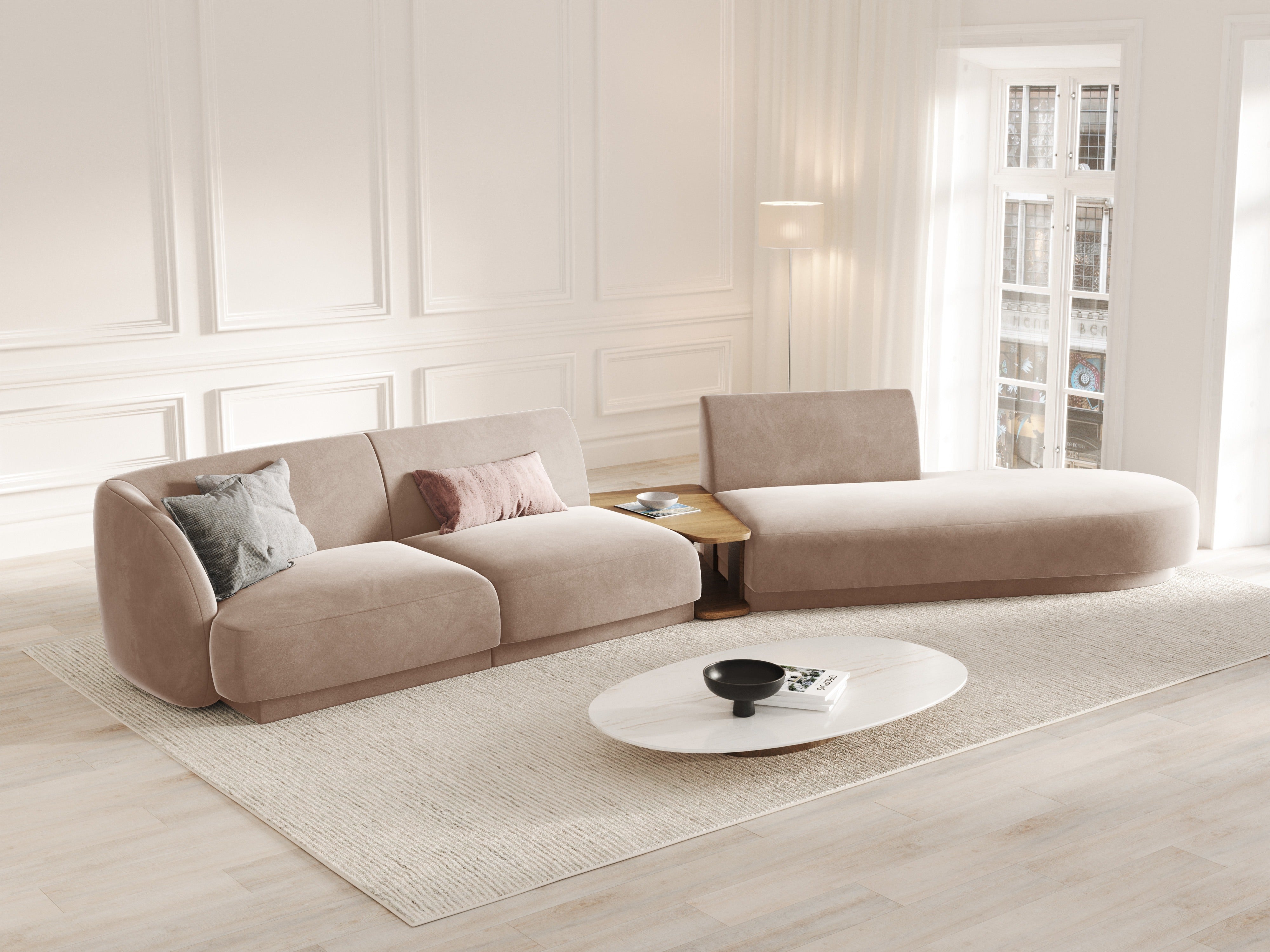 Right-facing modular sofa with table for 4 people in velvet MILEY cappuccino
