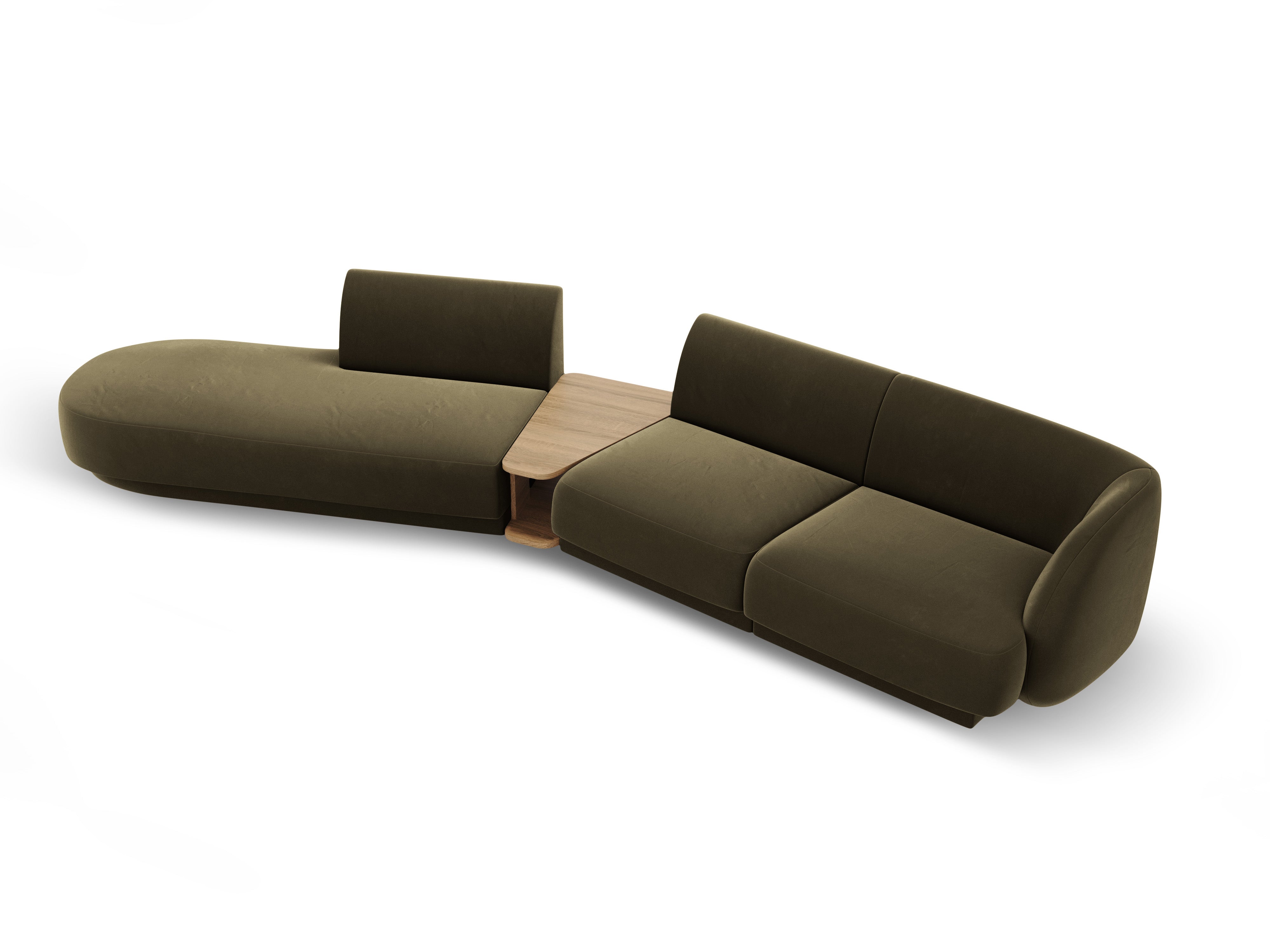 Left-sided modular sofa with table for 4 people, velvet MILEY green