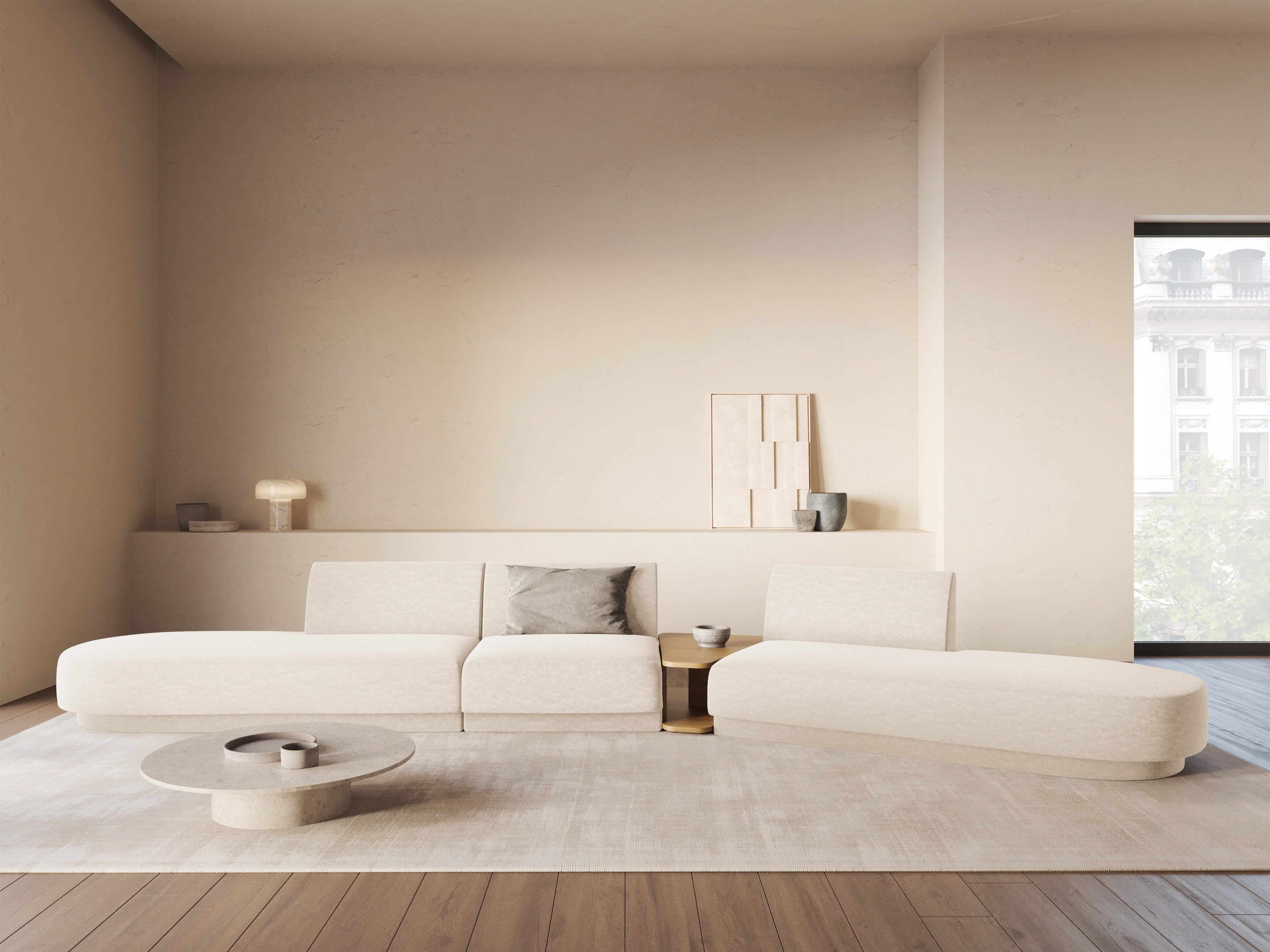 Sofa modułowa prawostronna ze stolikiem 5-osobowa MILEY jasnobeżowy szenil jedwabisty