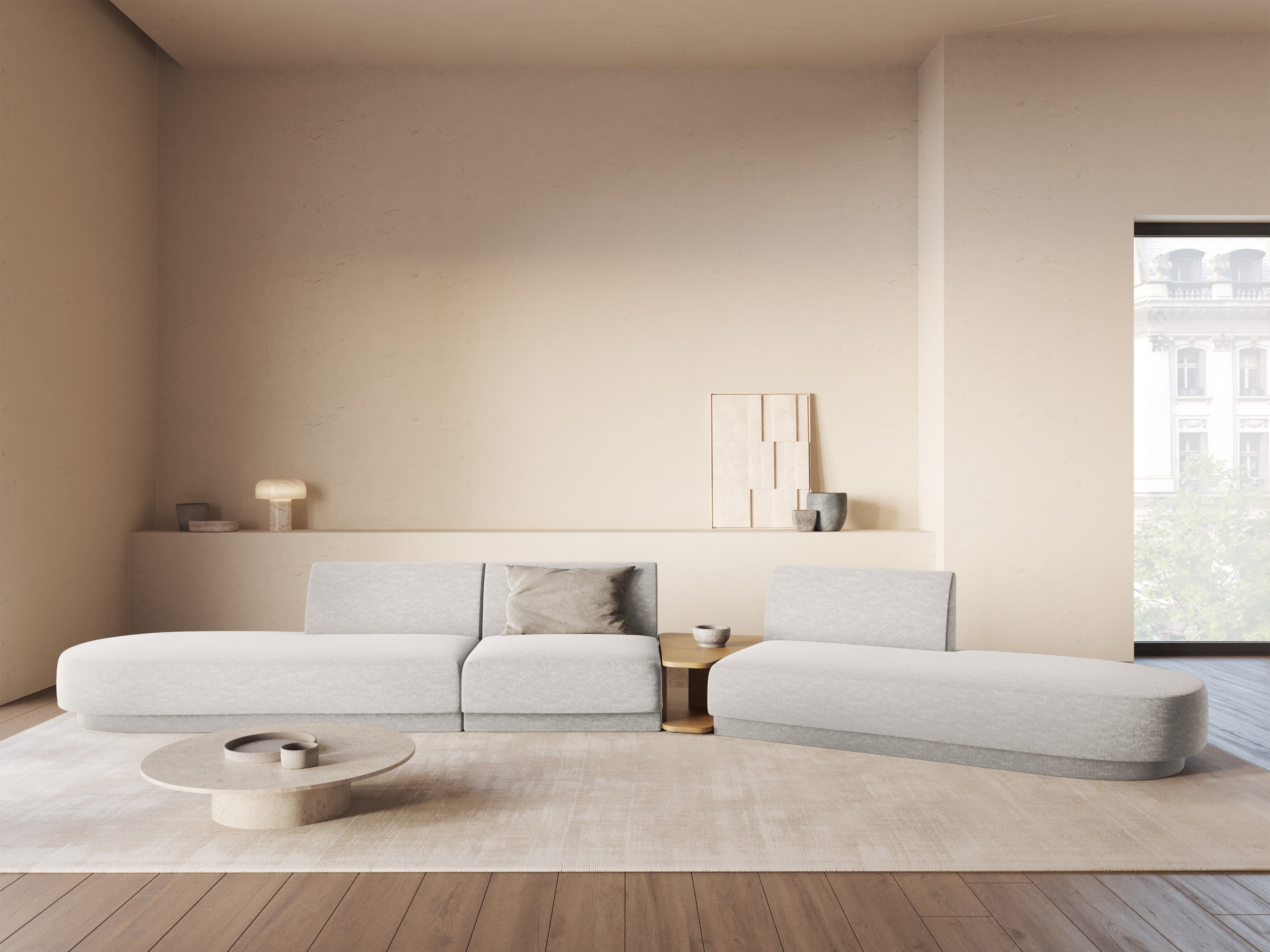 Right-facing modular sofa with table for 4 people MILEY white boucle