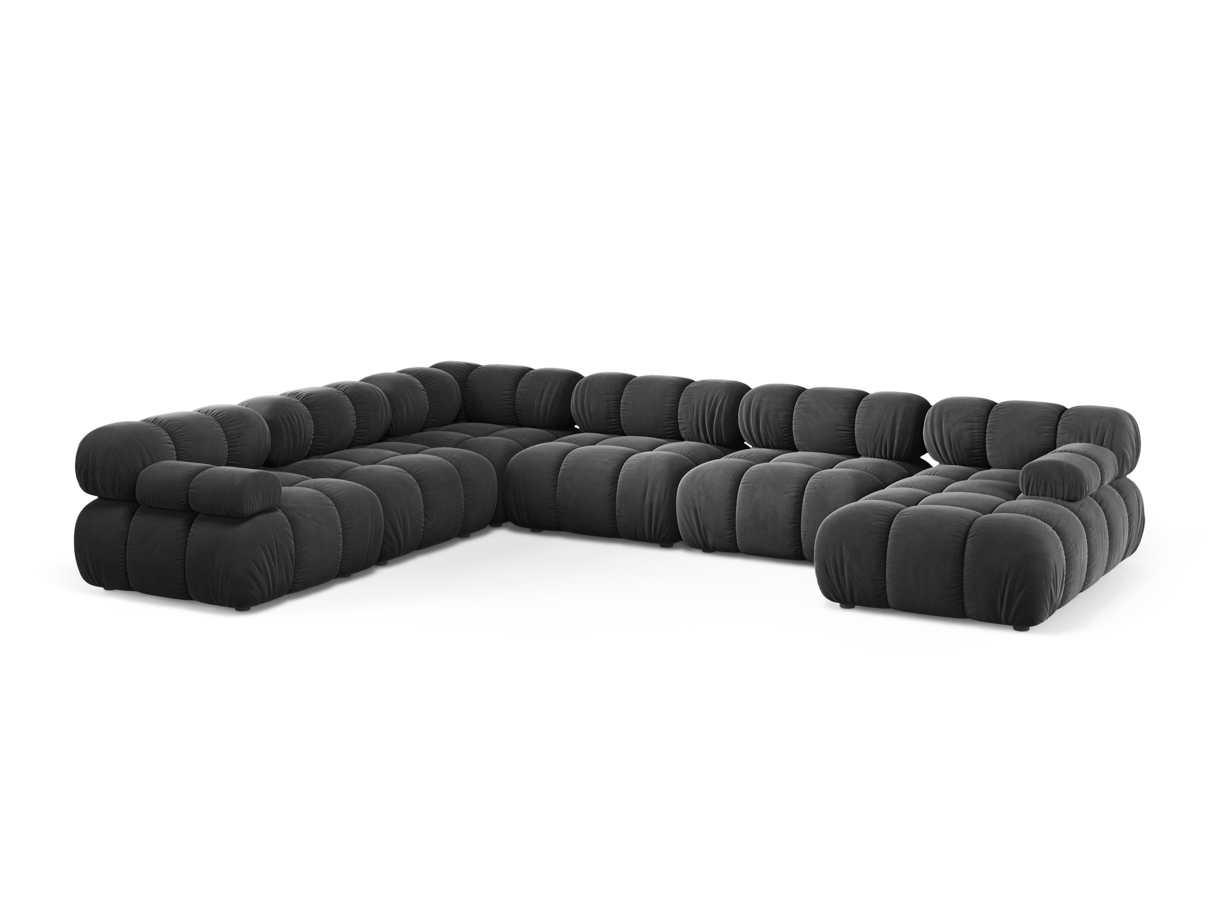 Panoramatický rohový gauč BELLIS v tmavosivej farbe z jemného velúru.