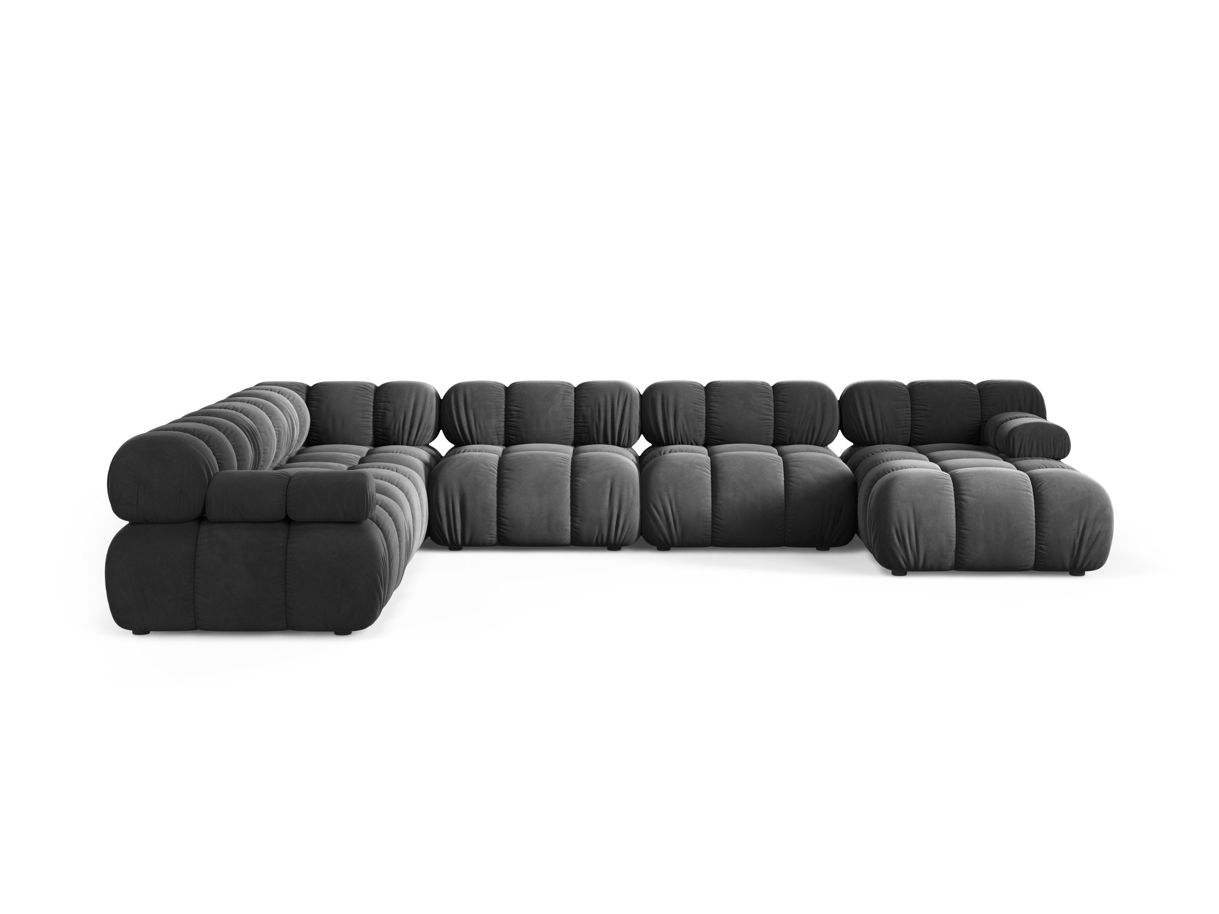 Panoramatický rohový gauč BELLIS v tmavosivej farbe z jemného velúru.