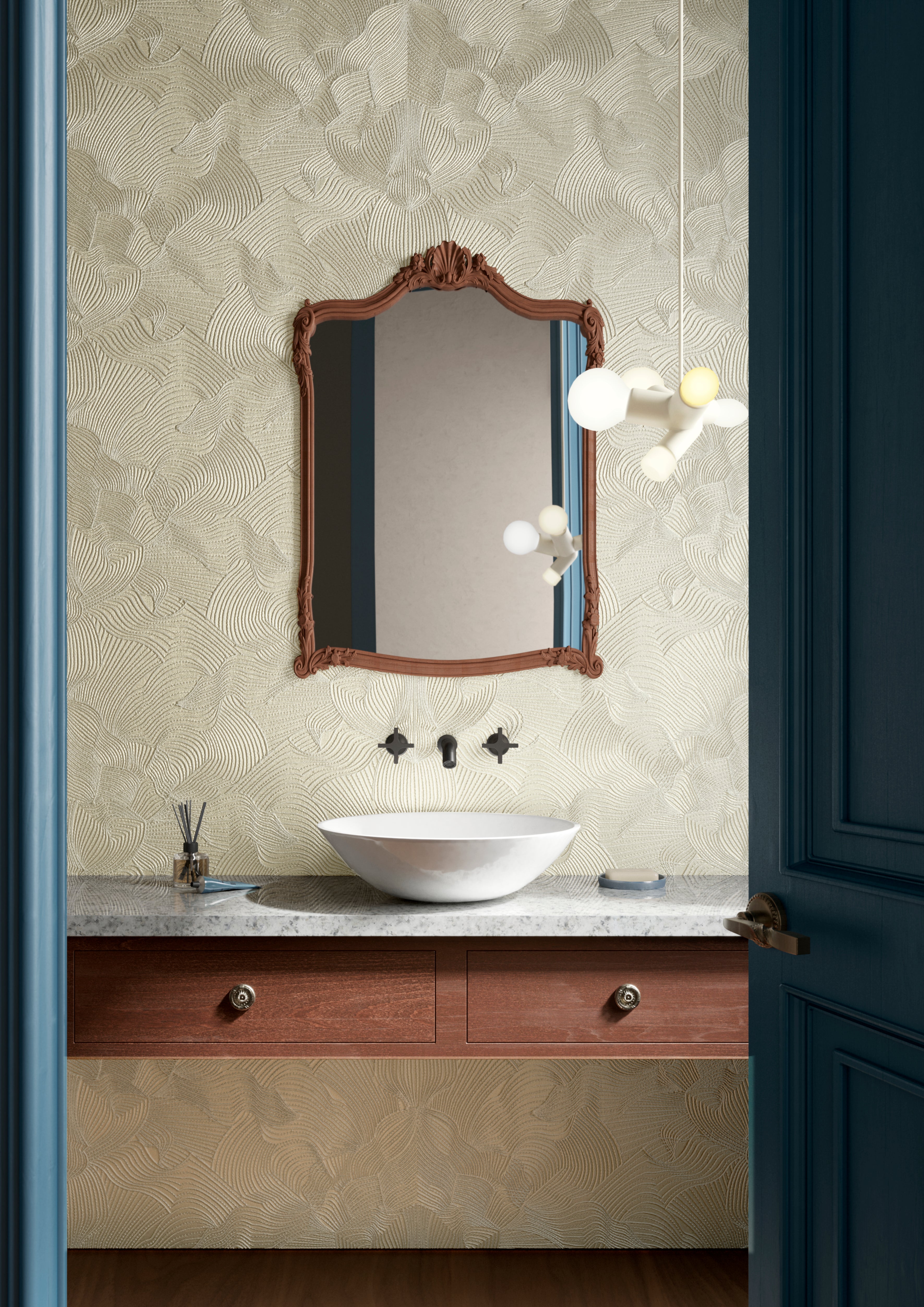 Tapeta tekstylna z abstrakcyjnym wzorem haftowana z efektem mory TECHNO BEE EMBROIDERED kość słoniowa