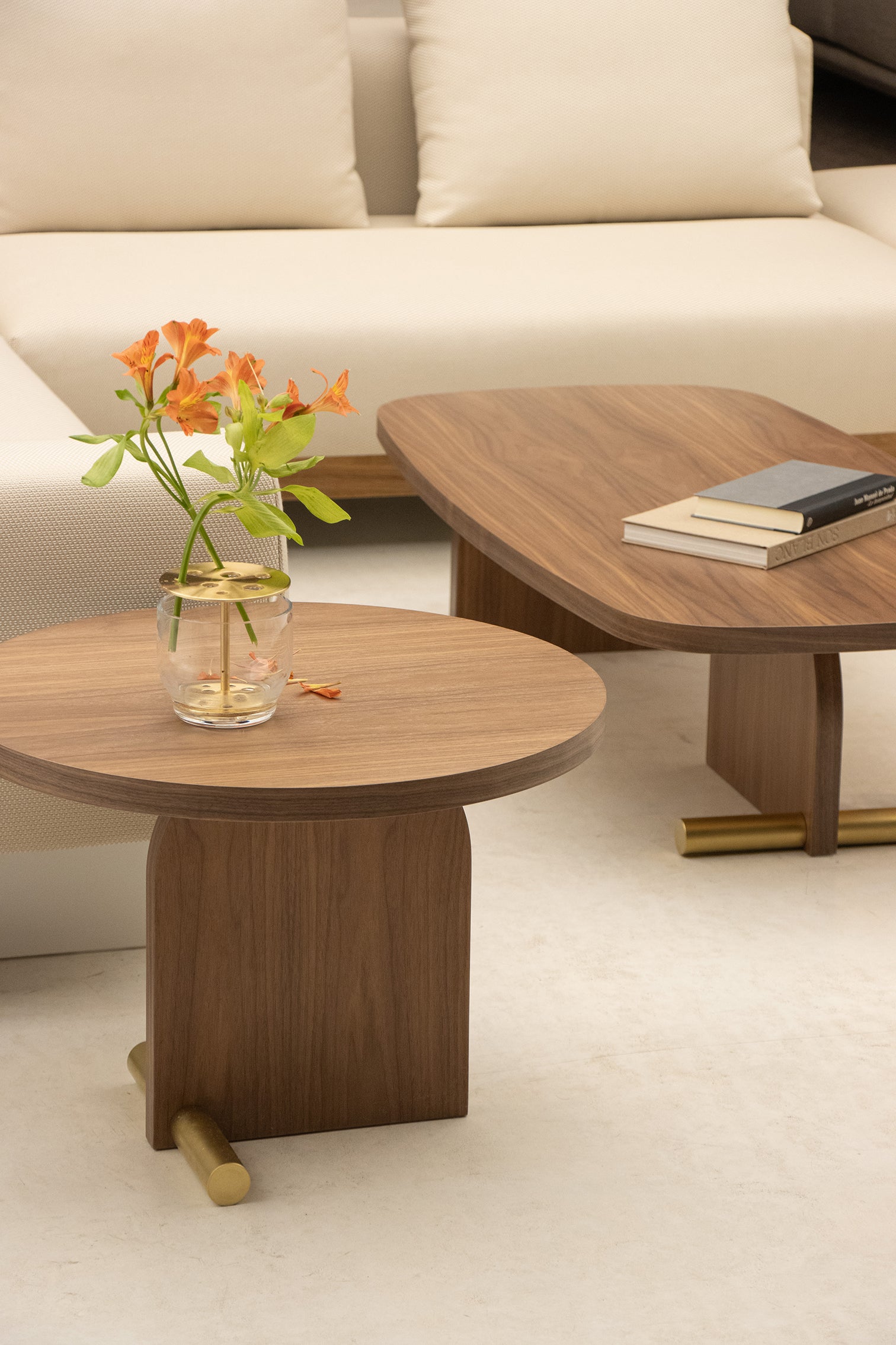 NOVA coffee table with walnut veneer and brass finish