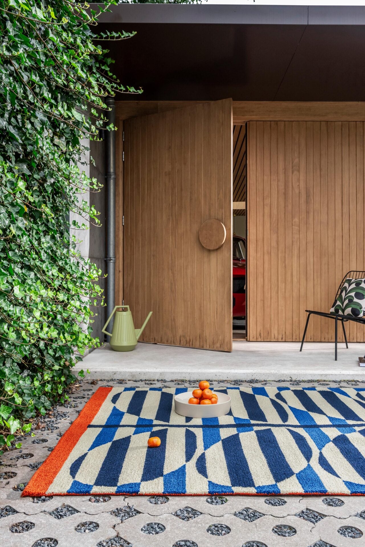 Outdoor rug STRIPY STEM AZURE blue with beige and orange