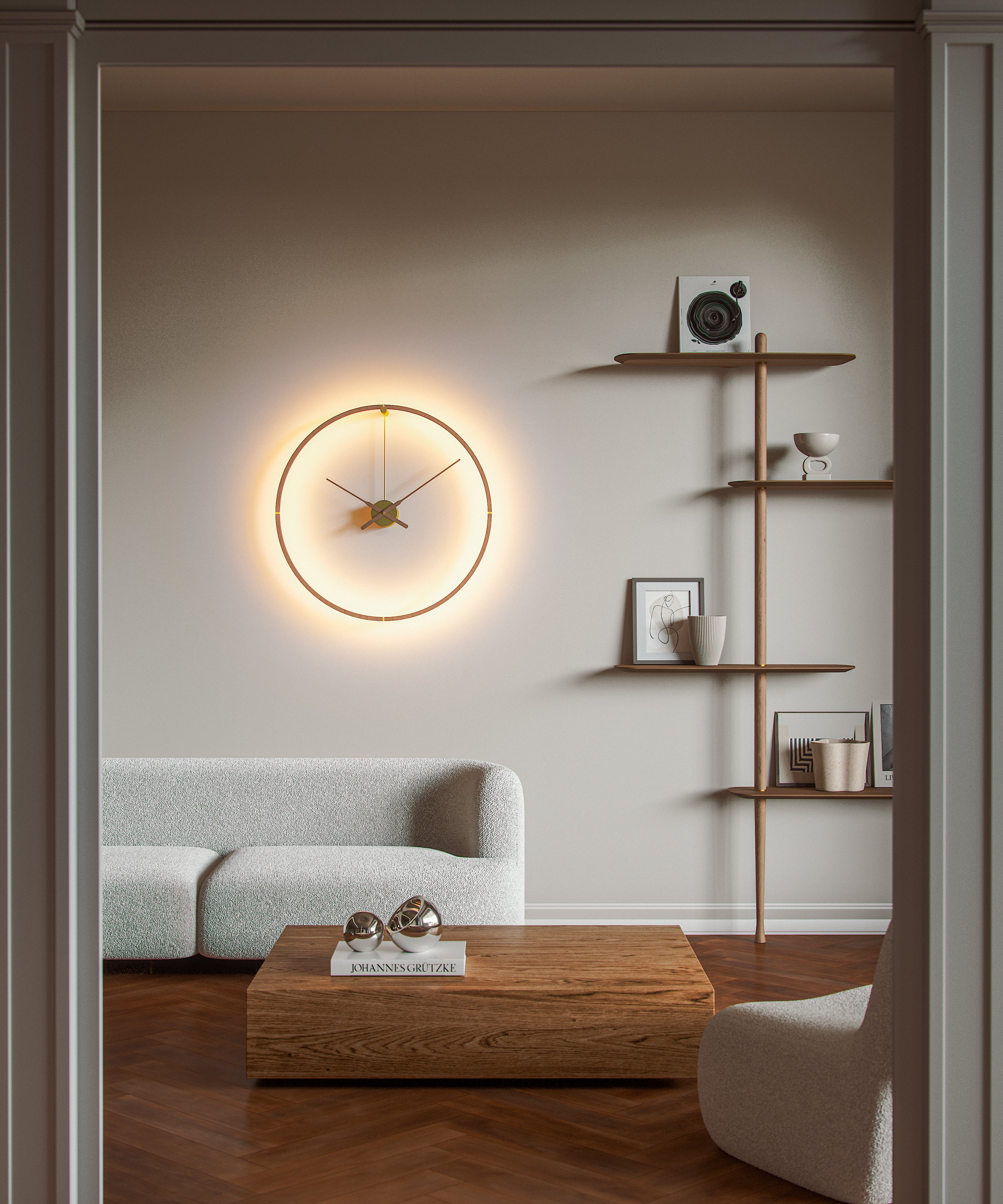 Podsvietené hodiny OMBRA PREMIUM orechové drevo so zlatým detailom