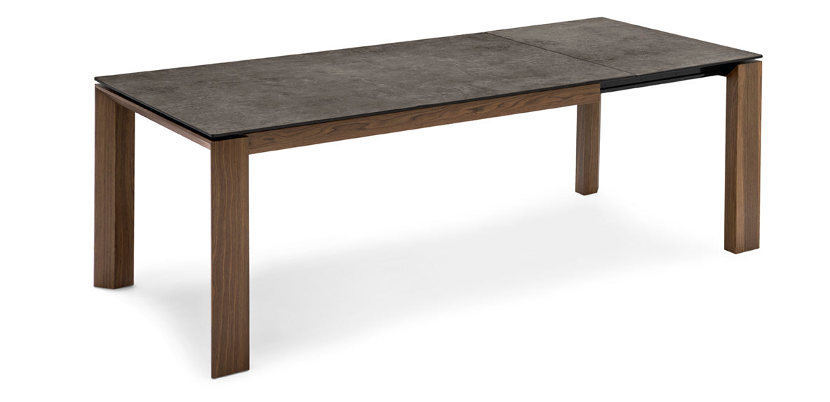 Extendable table OMNIA with a gray top and dark wooden base