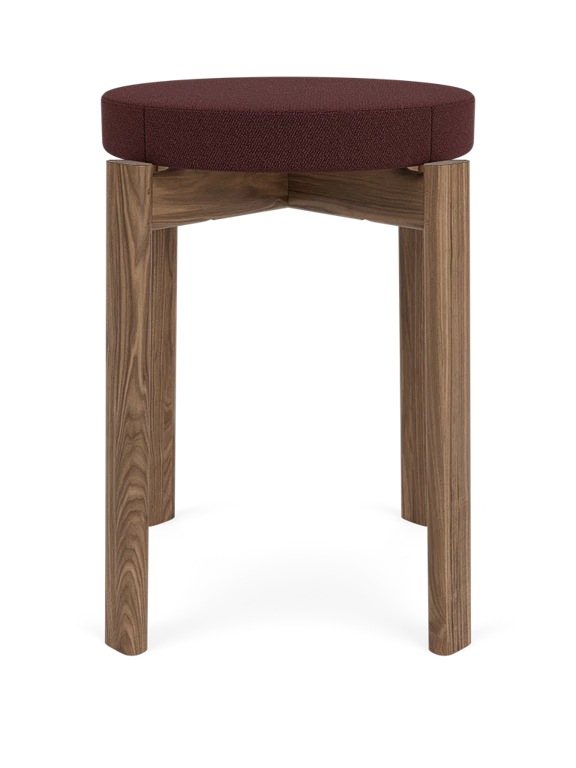 PASSAGE stool in burgundy with walnut base