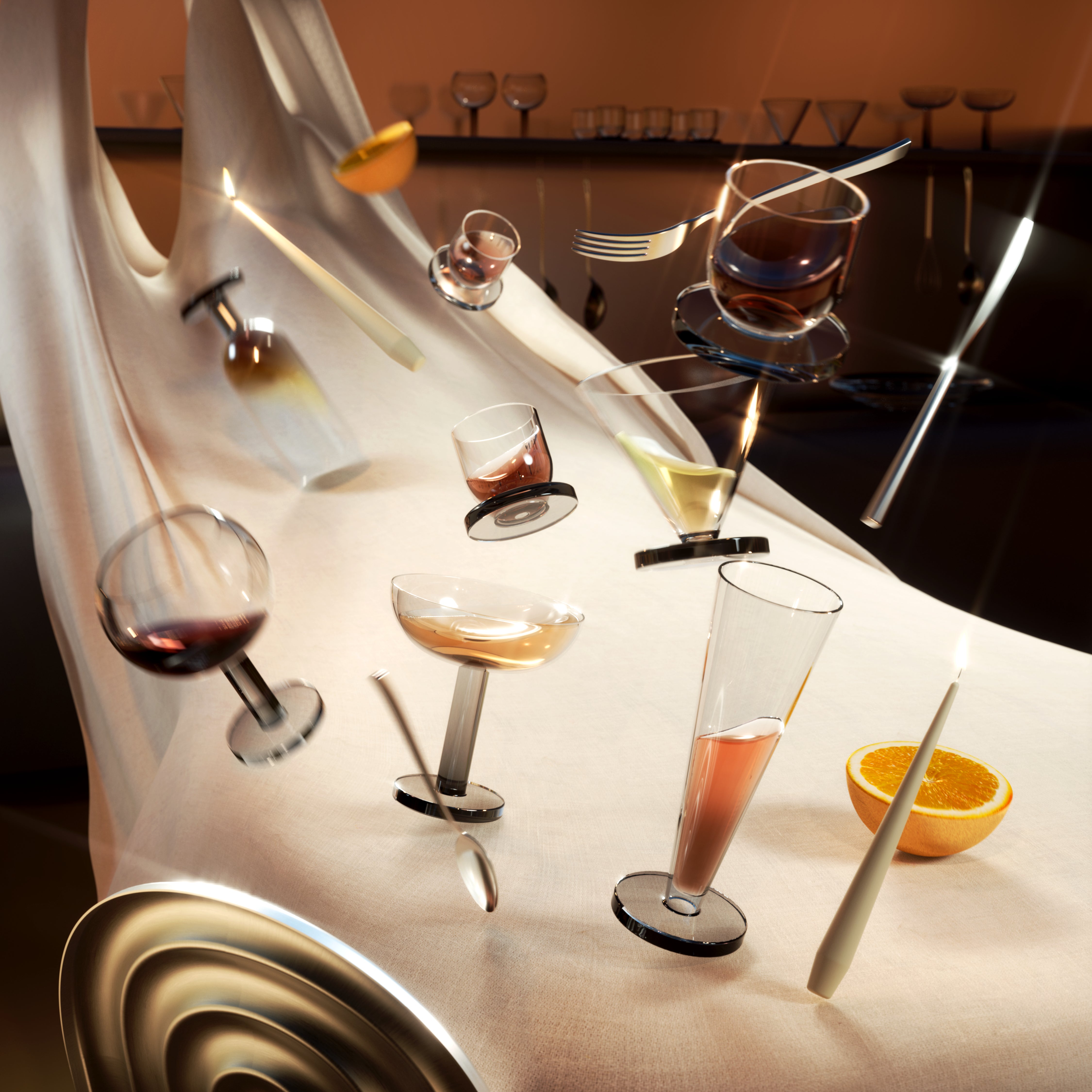 A set of Puck Flute glass champagne glasses