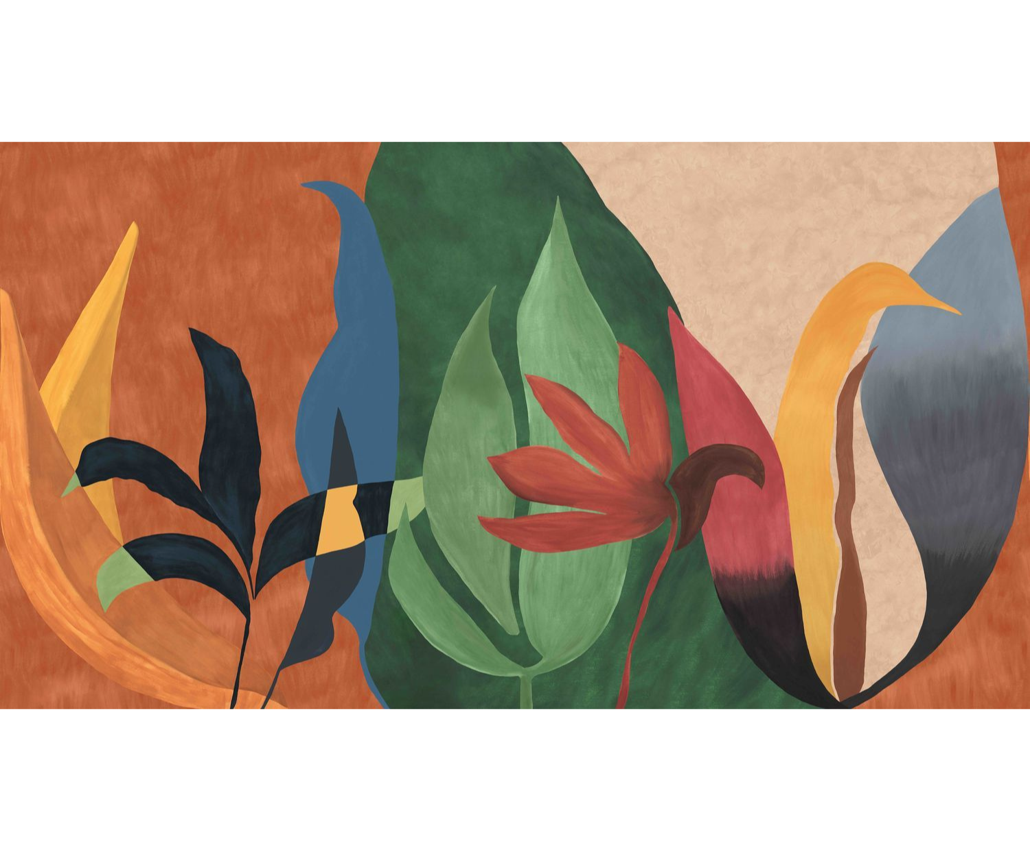 Nástenná maľba s abstraktným rastlinným motívom listov NAHUA hrdzavo hnedá so zelenou