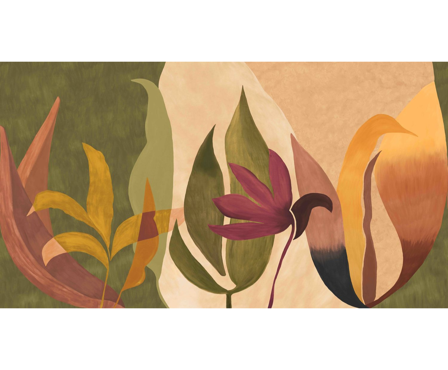 Nástenná maľba s abstraktným rastlinným motívom listov NAHUA oranžová so zelenou