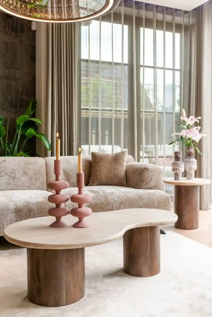 Bočný stolík DOUGLAS z travertínu s mangovým drevom