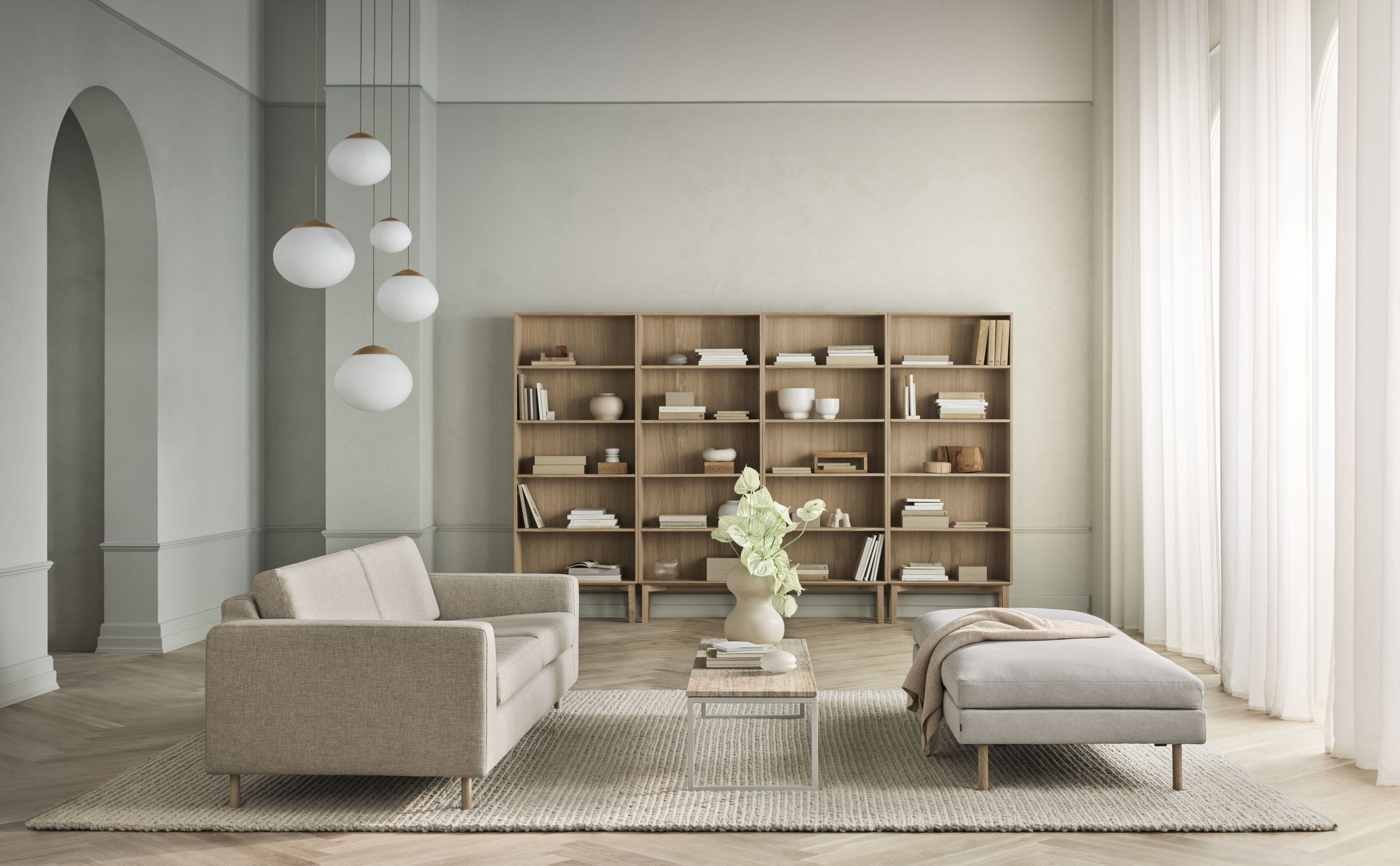 Symetrický rohový gauč SCANDINAVIA REMIX s bieleným podstavcom