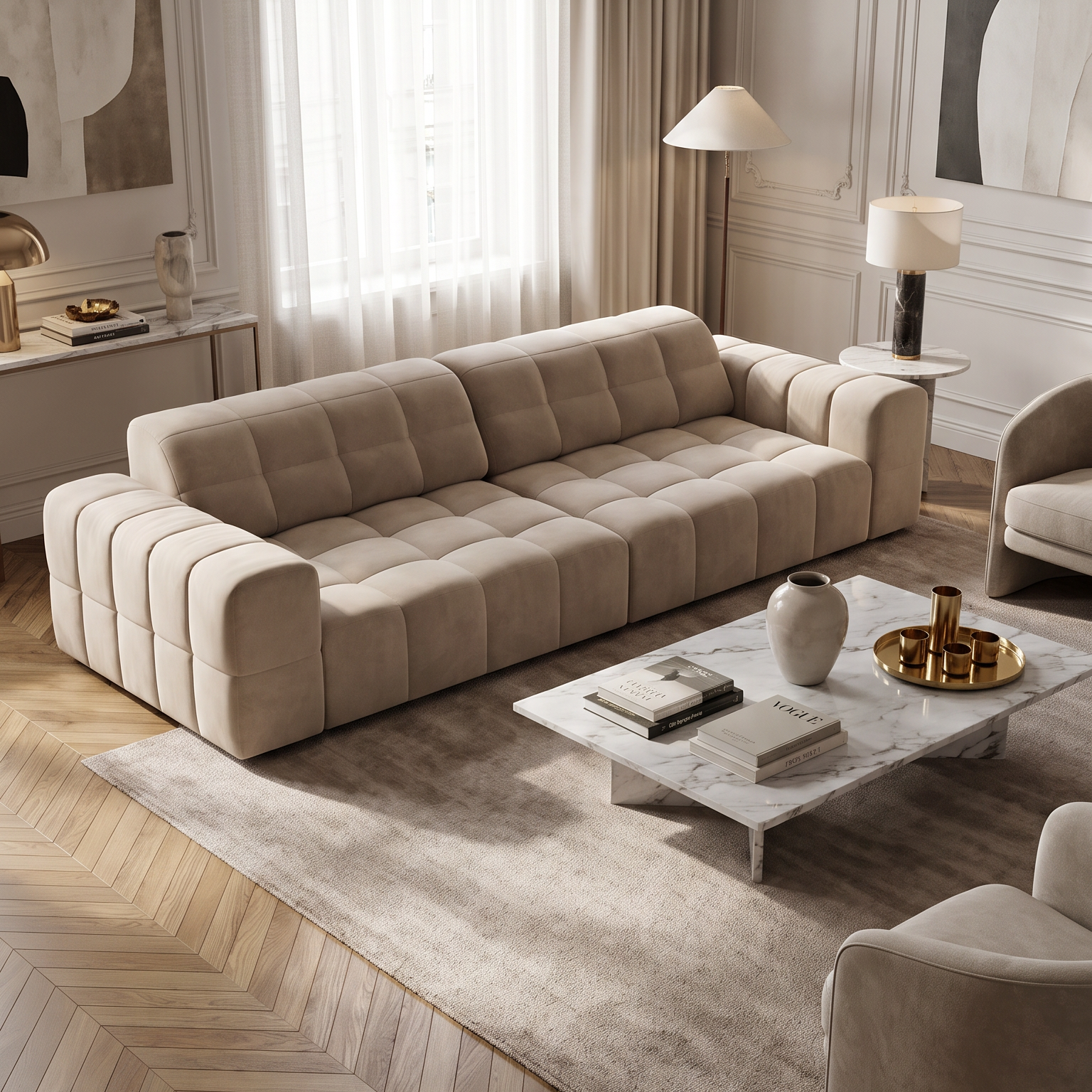 Sofa z jemnej tkaniny pre 4 osoby JENNIFER tmavobežová