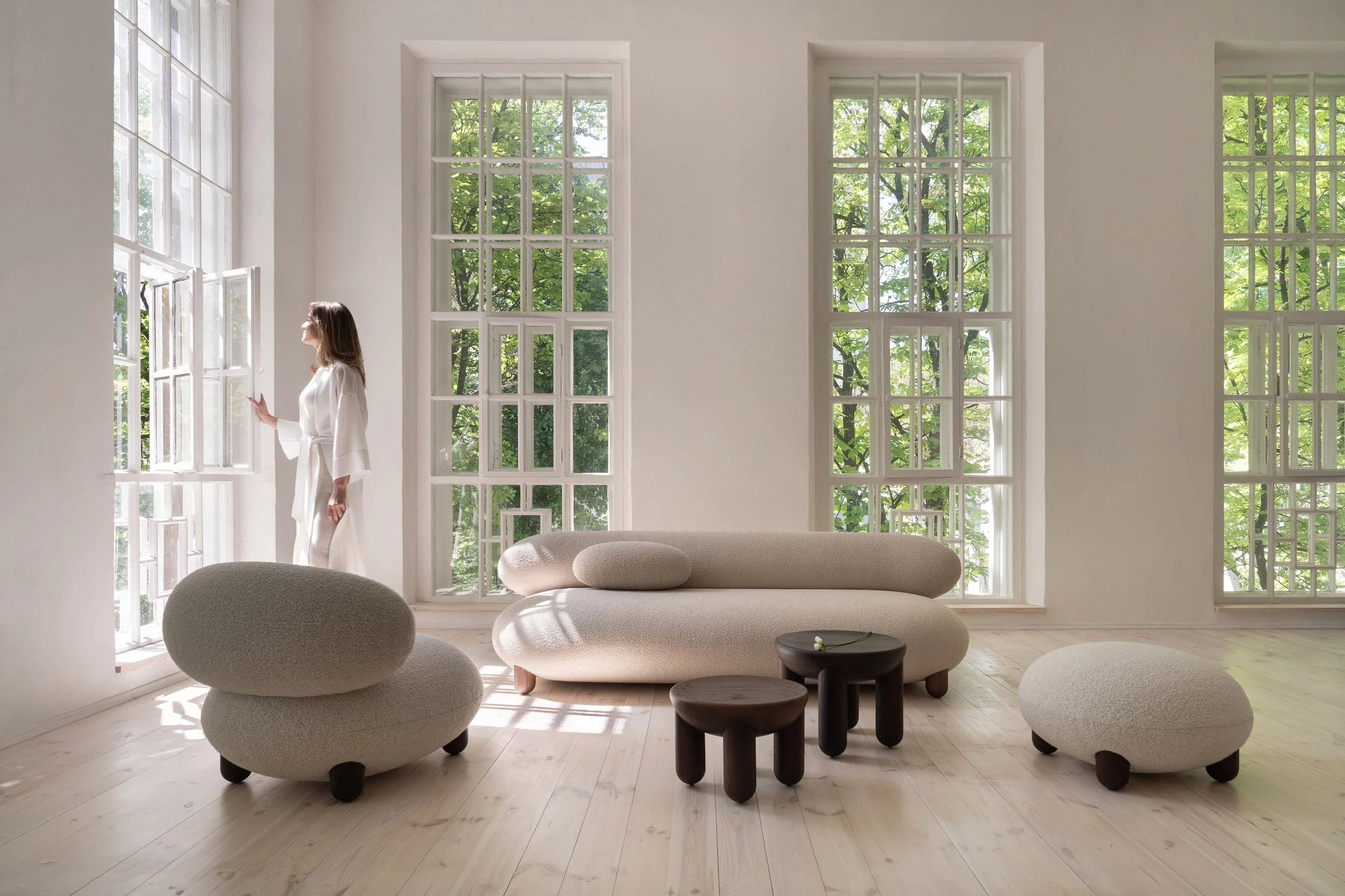 Upholstered FLOCK sofa with a wooden base