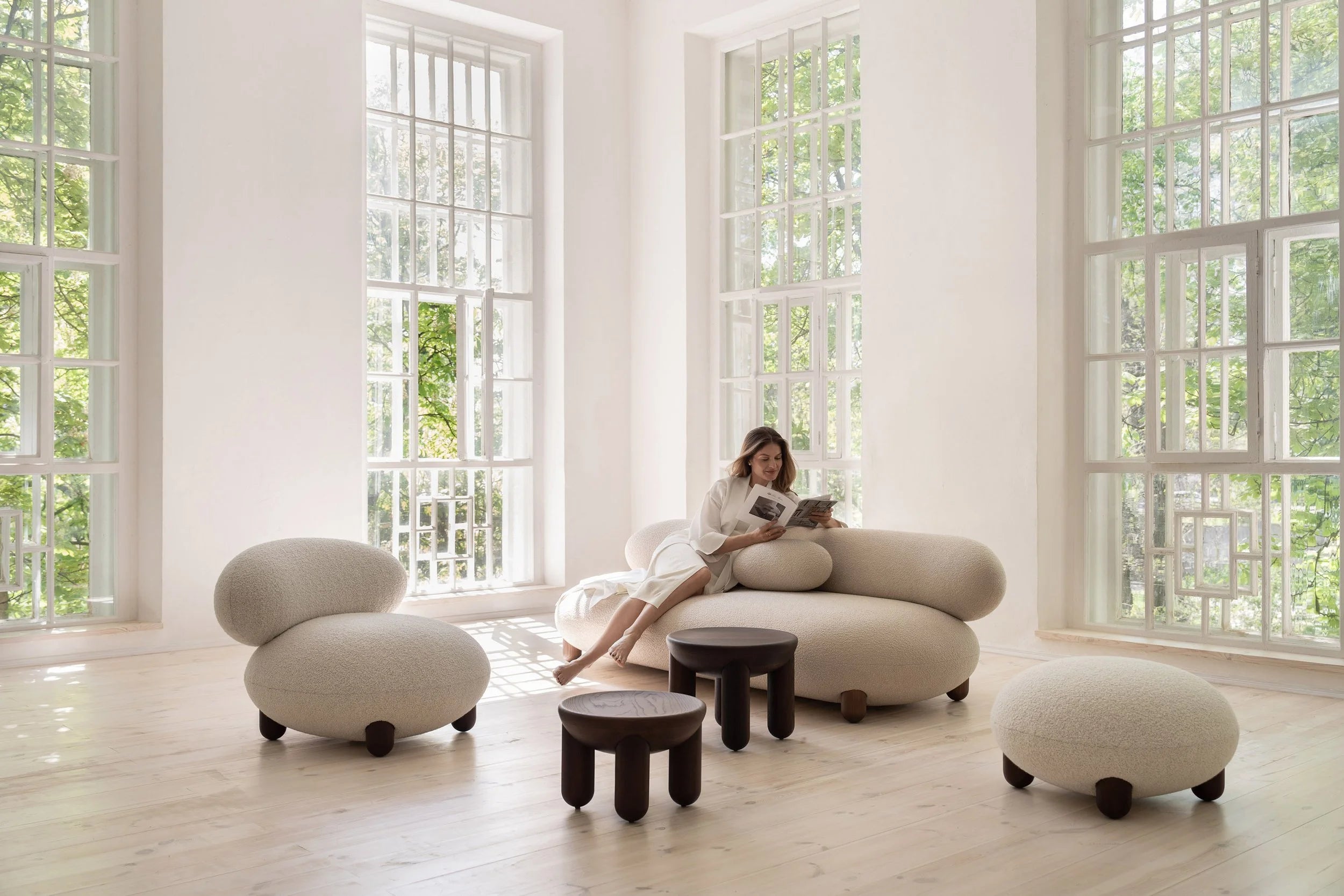 Upholstered FLOCK sofa with a wooden base