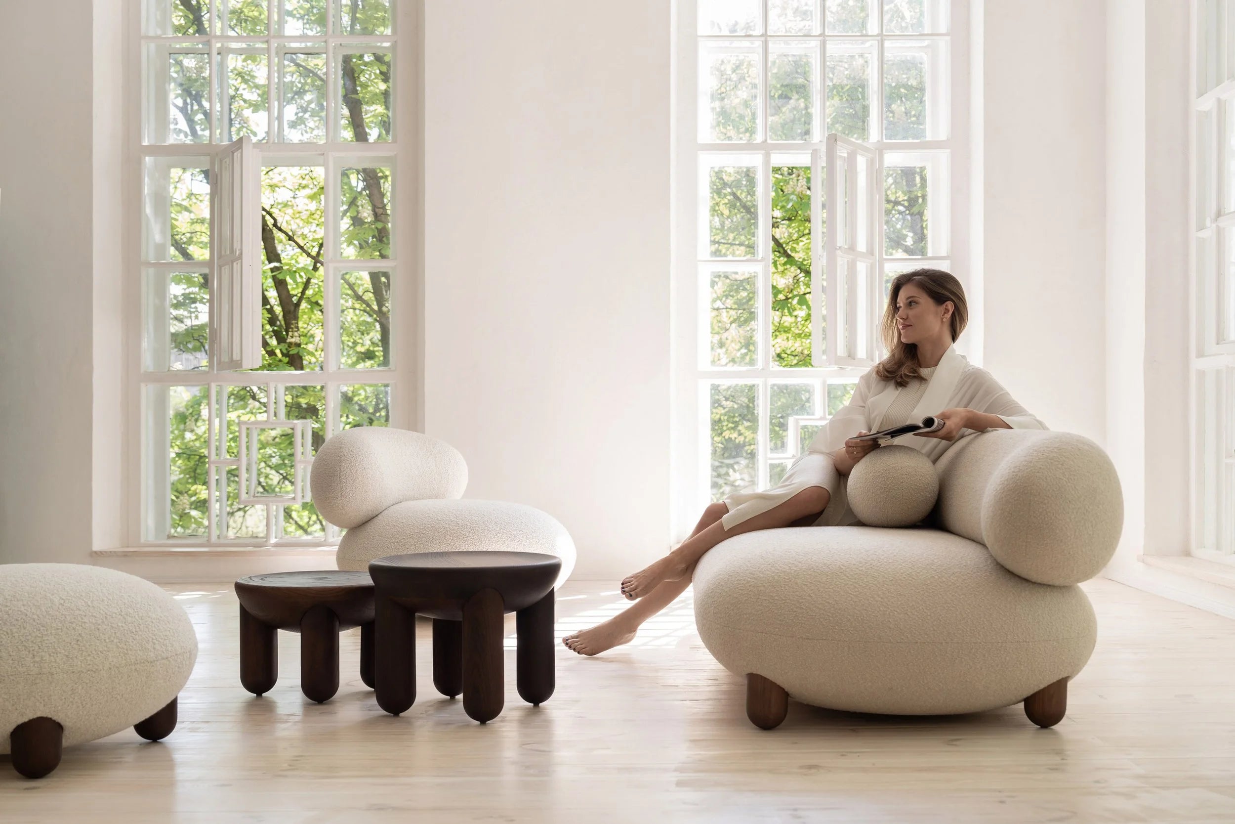 Upholstered FLOCK sofa with a wooden base