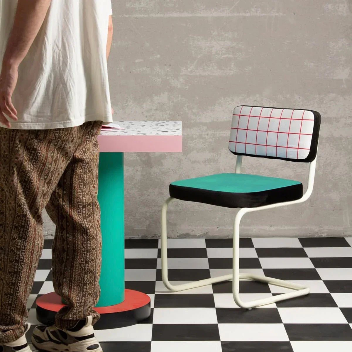 SUPERSTOOL RED GRID turquoise bar stool with white base