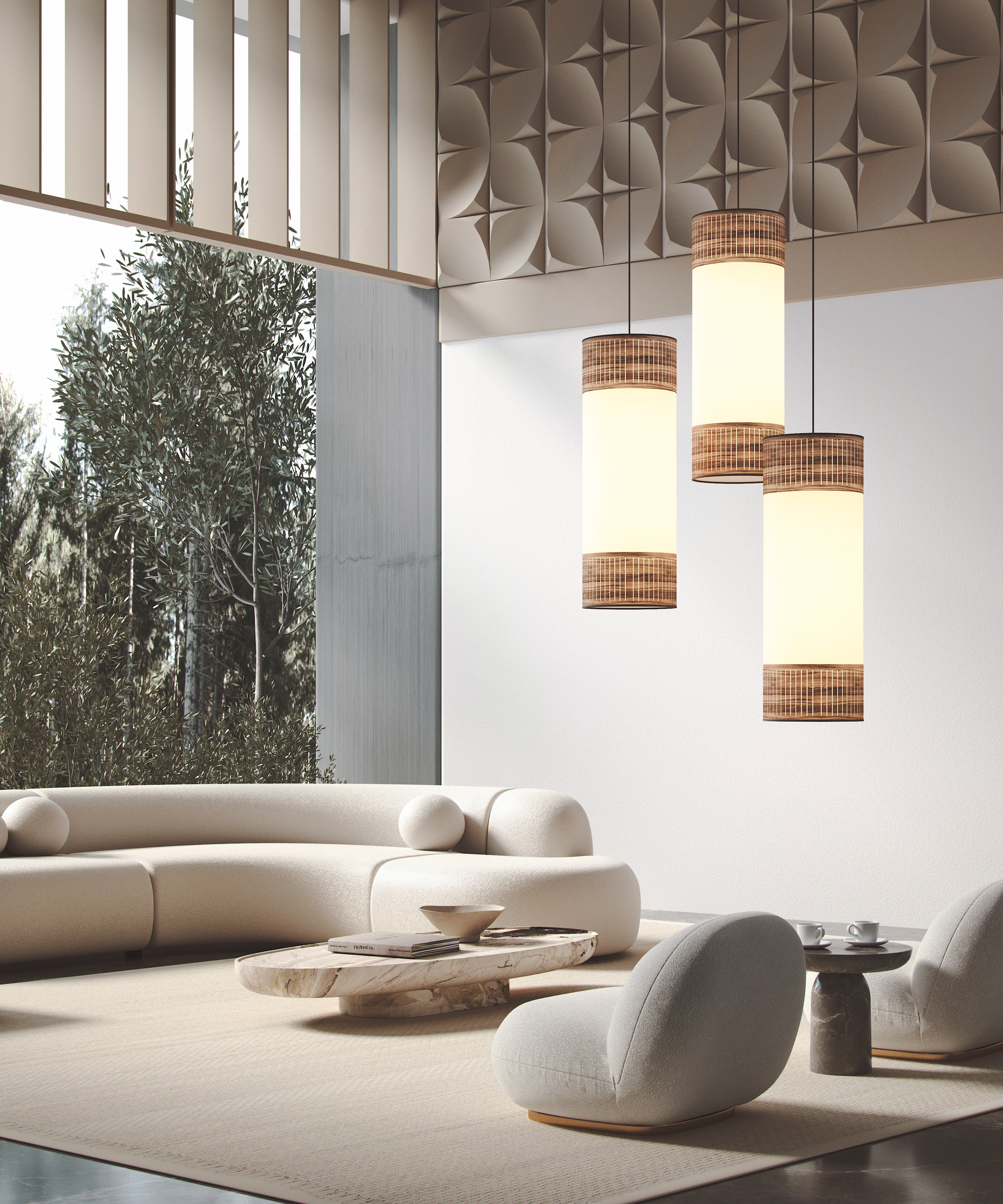 TAMIZ Pendant Lamp in White with Walnut Wood