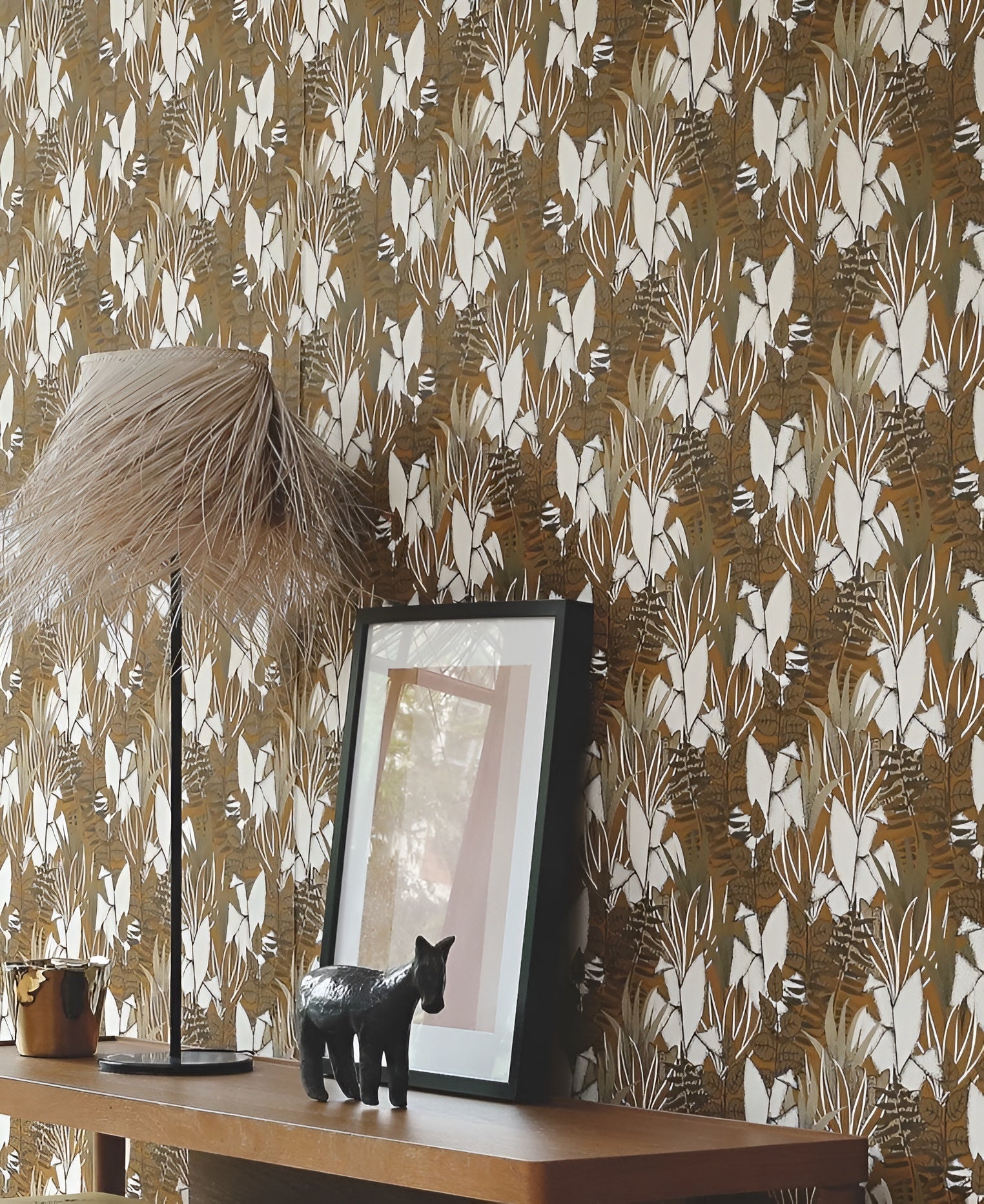 Structural wallpaper with a jungle plant motif TIGRIS - SAVANE orange with white