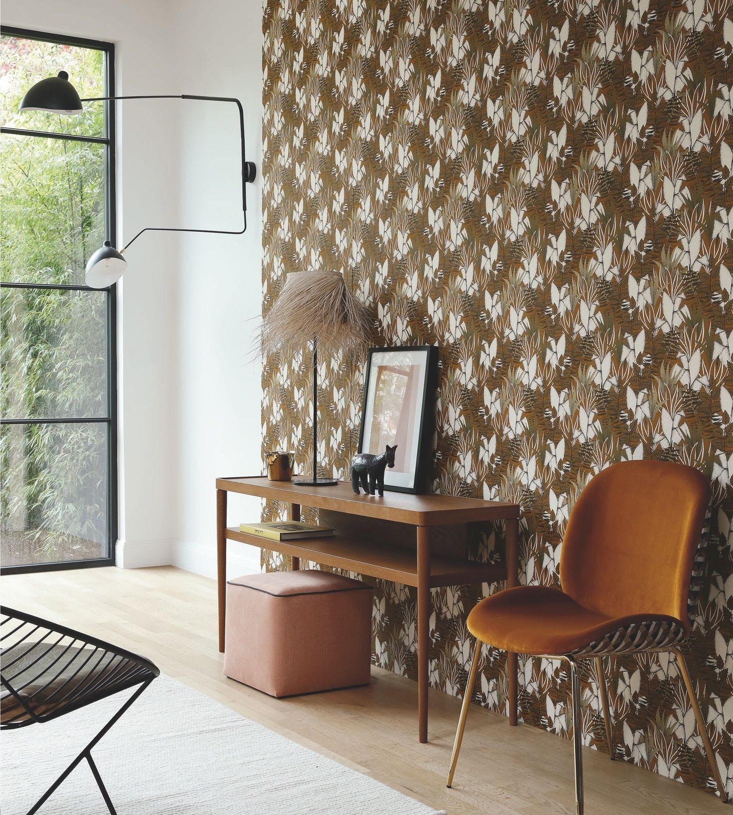 Structural wallpaper with a jungle plant motif TIGRIS - SAVANE orange with white