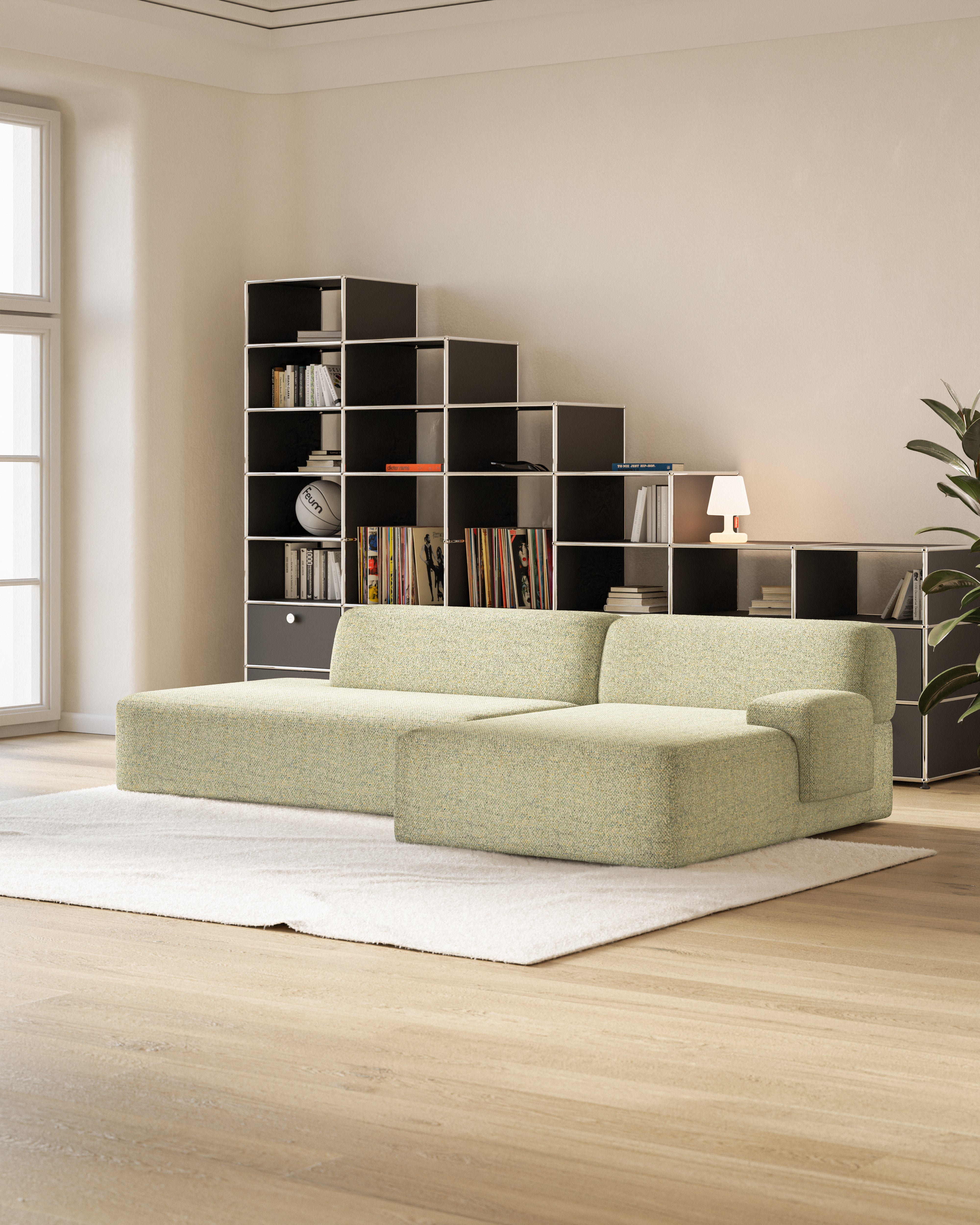 Open right-sided modular corner sofa UMI light green