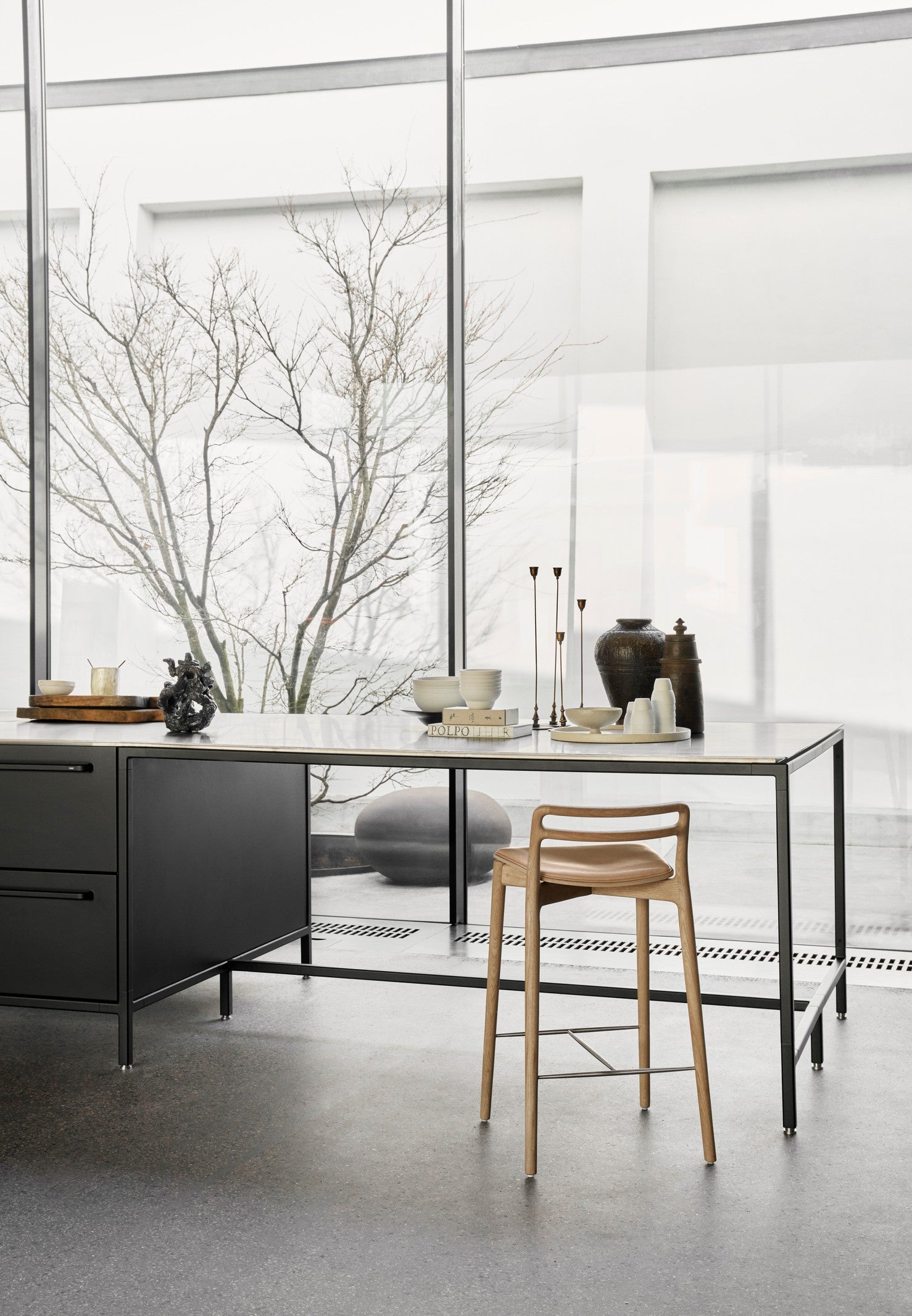 Cabin Stool in Caramel Leather with Light Oak Base