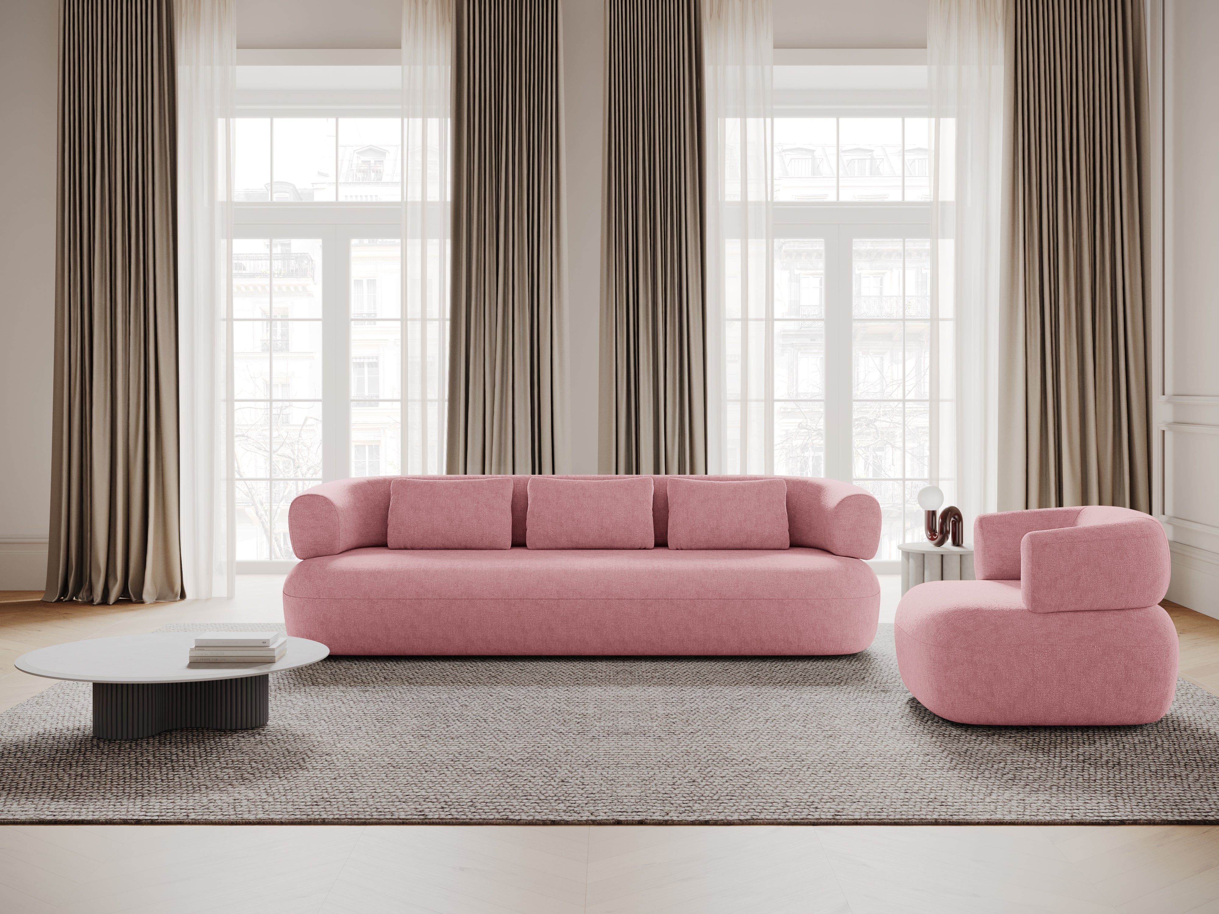 Sofa pre 3,5 osoby ALDRIN v ružovom šenile