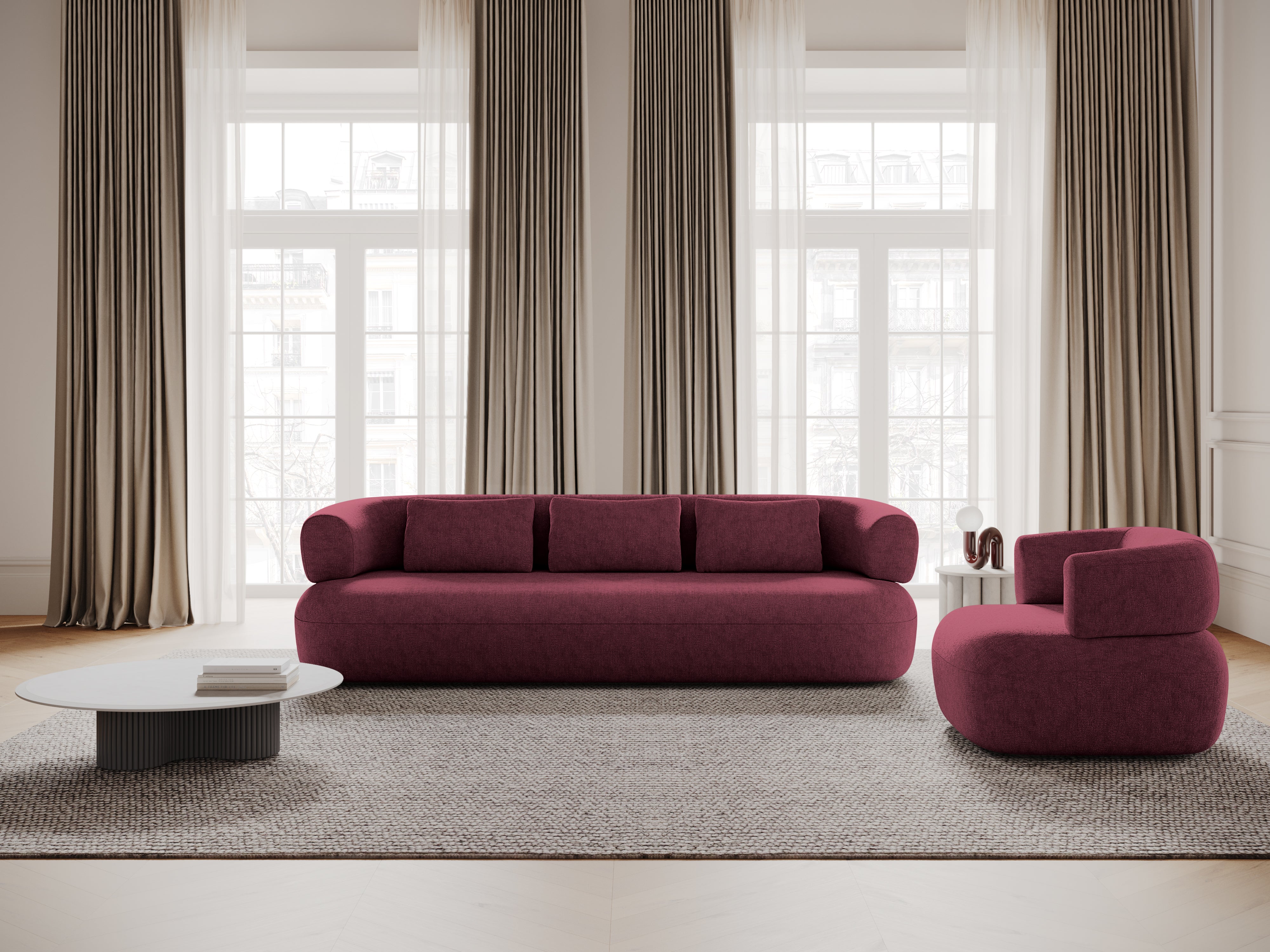 Sofa pre 3,5 osoby ALDRIN v karmazínovom šenile