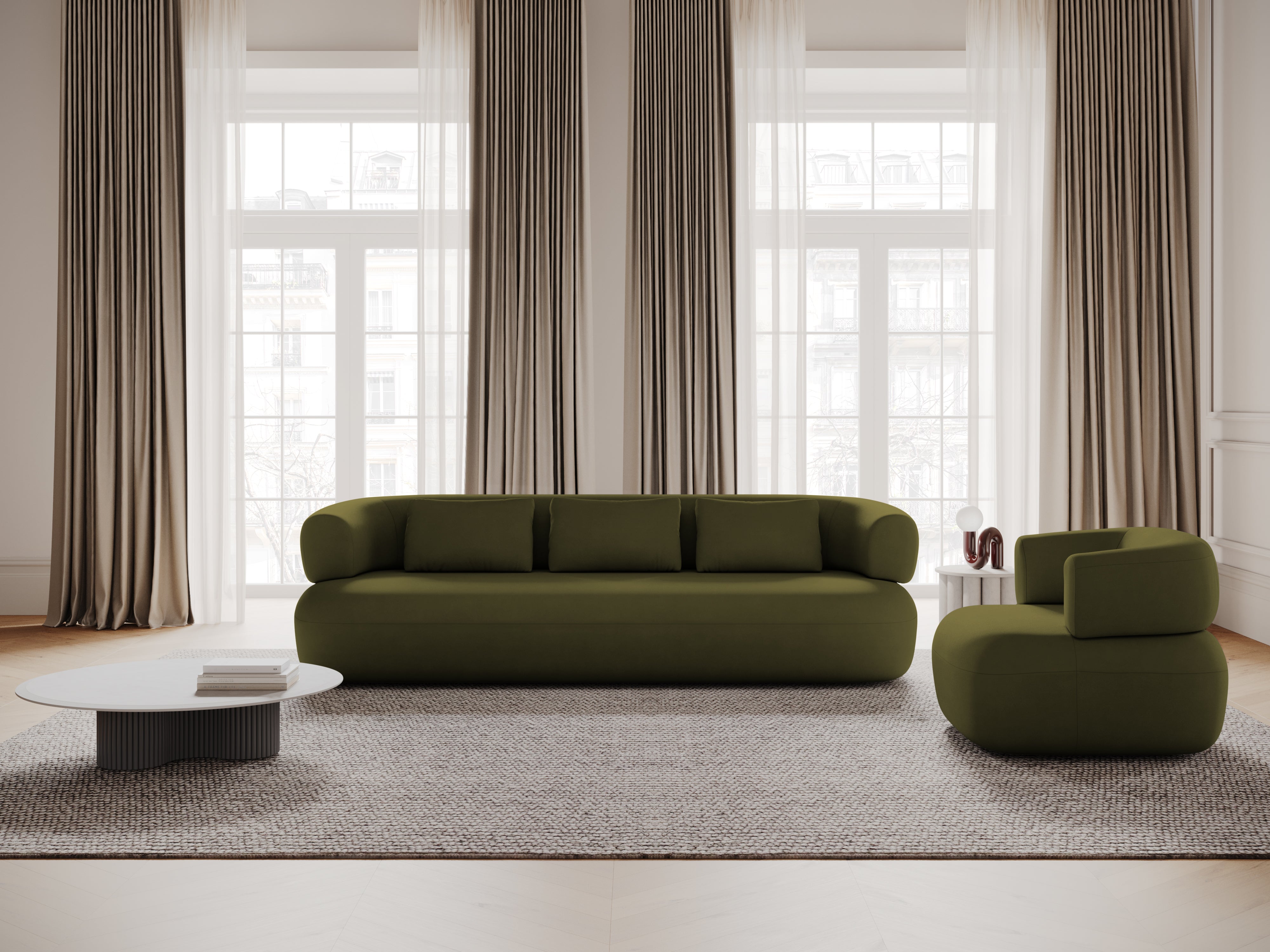Sofa z jemného zamatového materiálu pre 4 osoby ALDRIN v zelenej farbe