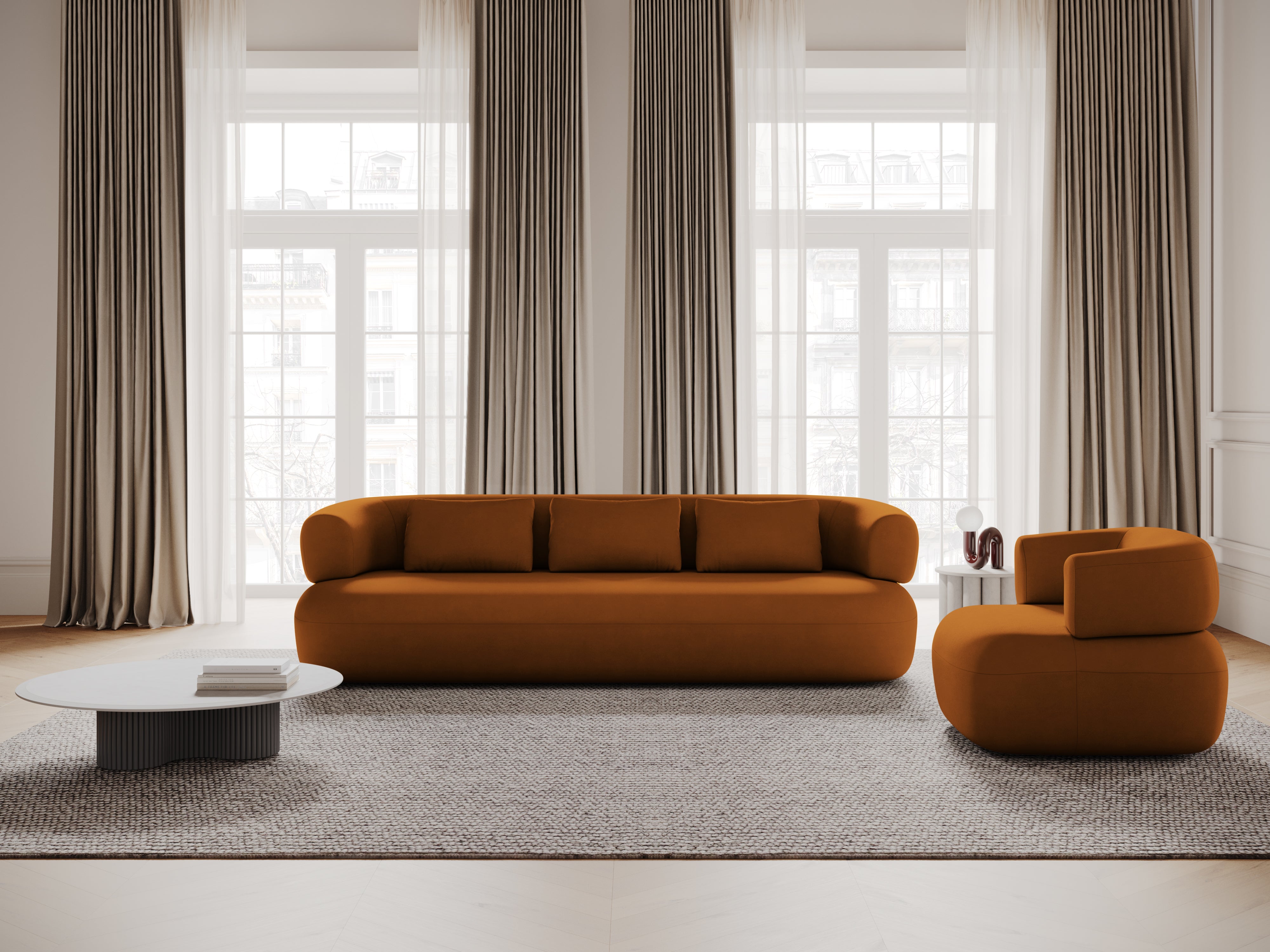 Sofa z jemného zamatového materiálu pre 4 osoby ALDRIN v tehlovej farbe