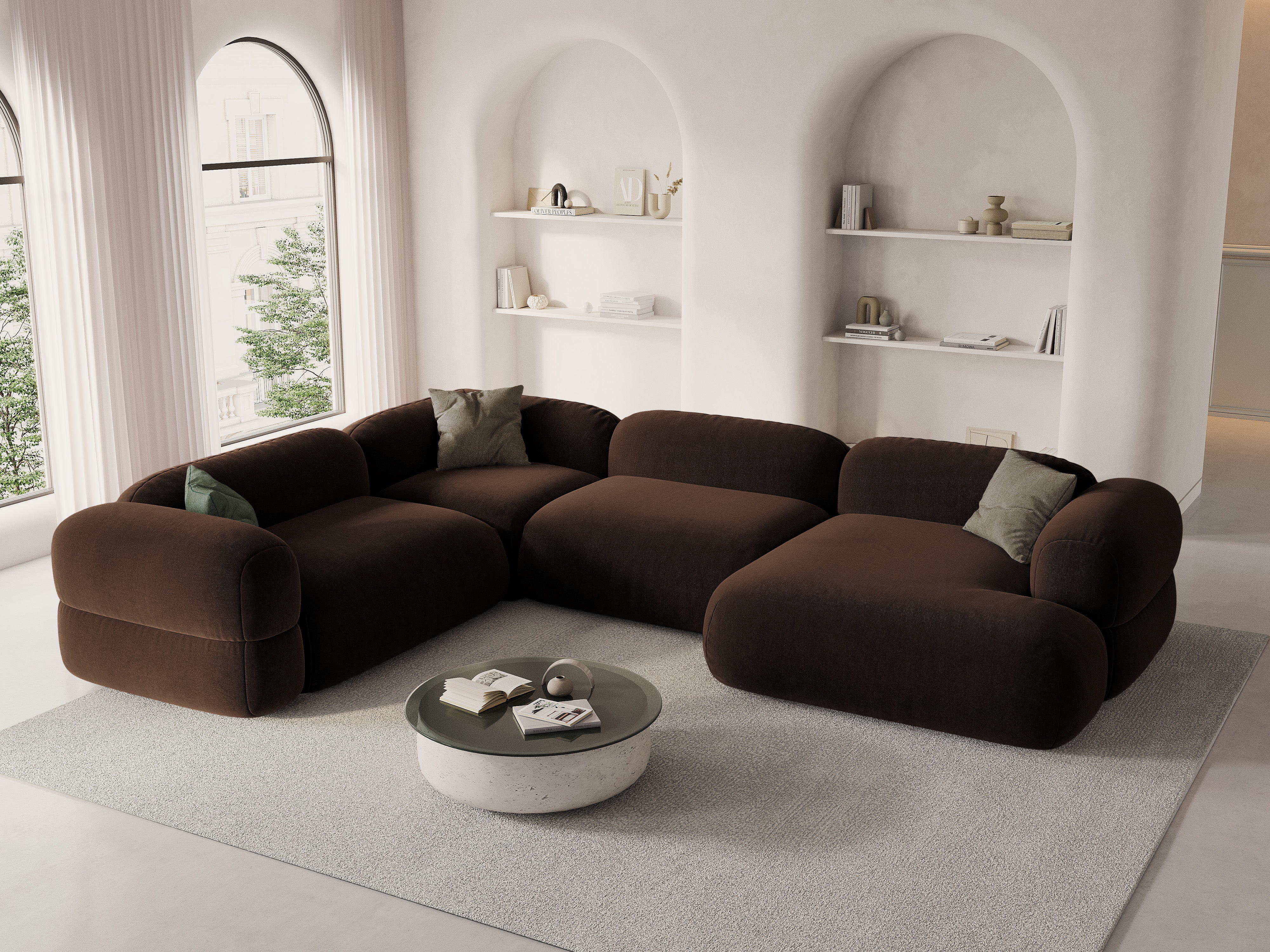 Sametový rohový gauč v tvare U ľavý ROGER čokoládový