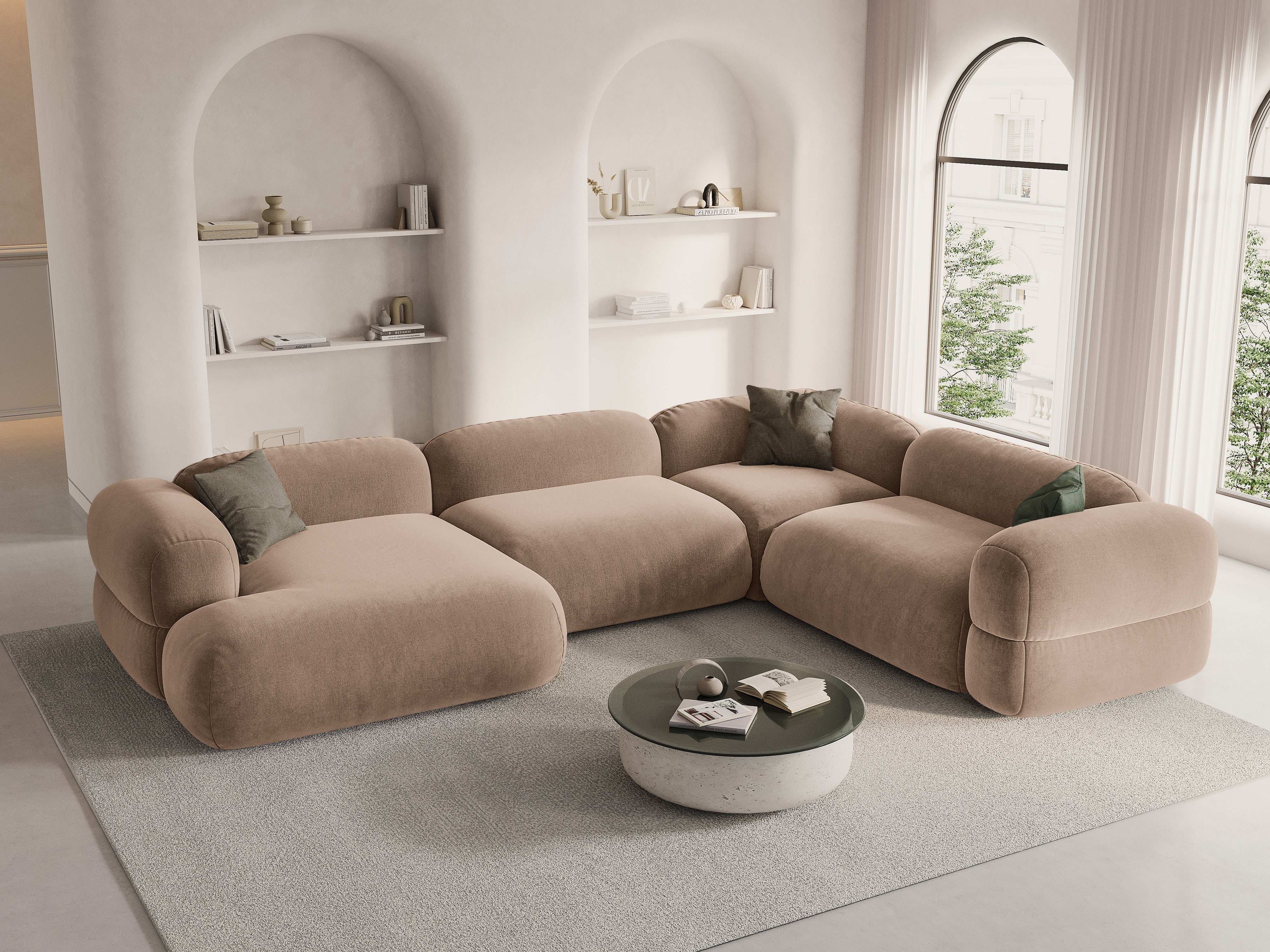 Right-facing U-shaped velvet corner sofa ROGER in dark beige