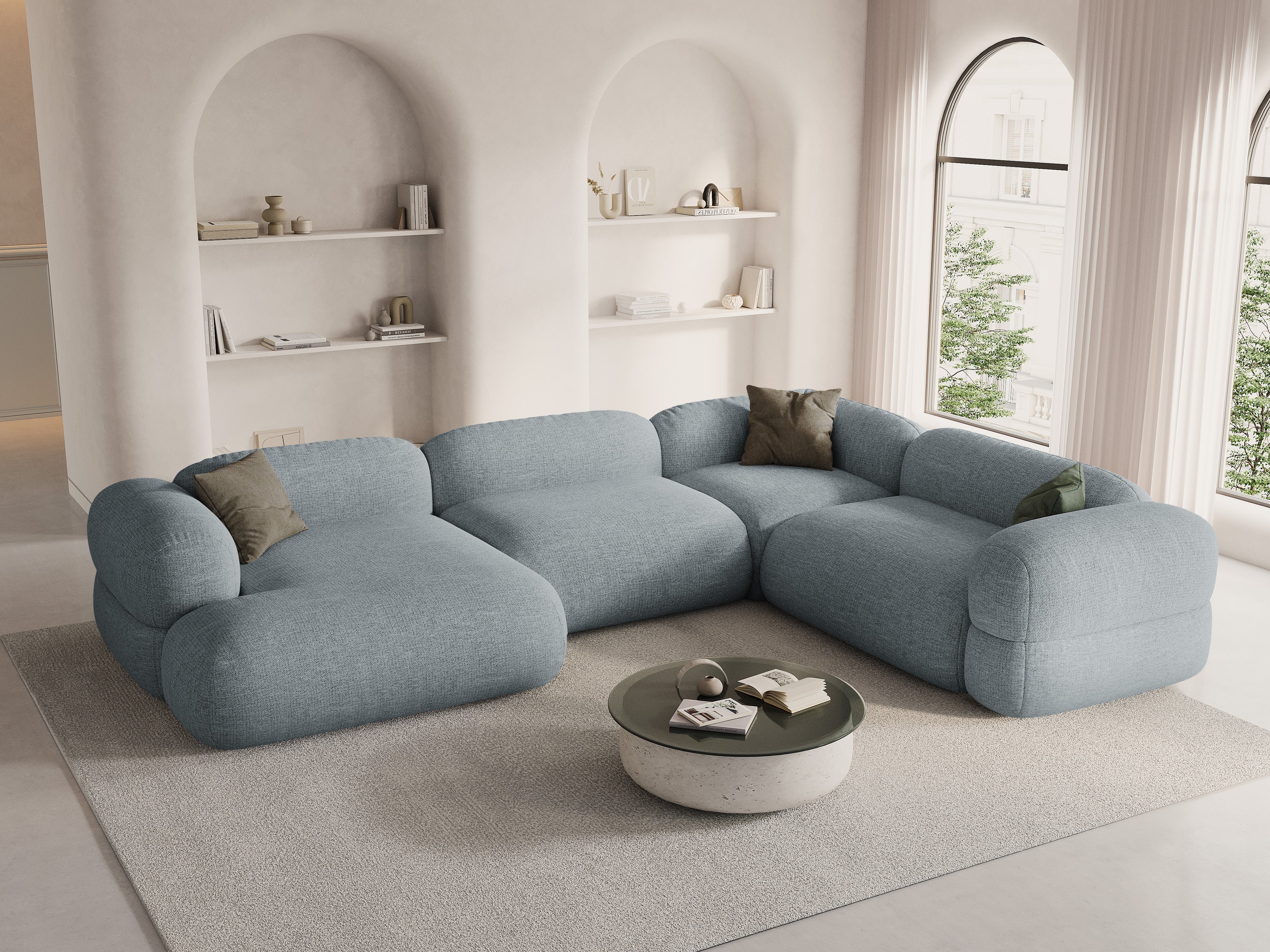 Right-facing U-shaped corner sofa ROGER blue chenille
