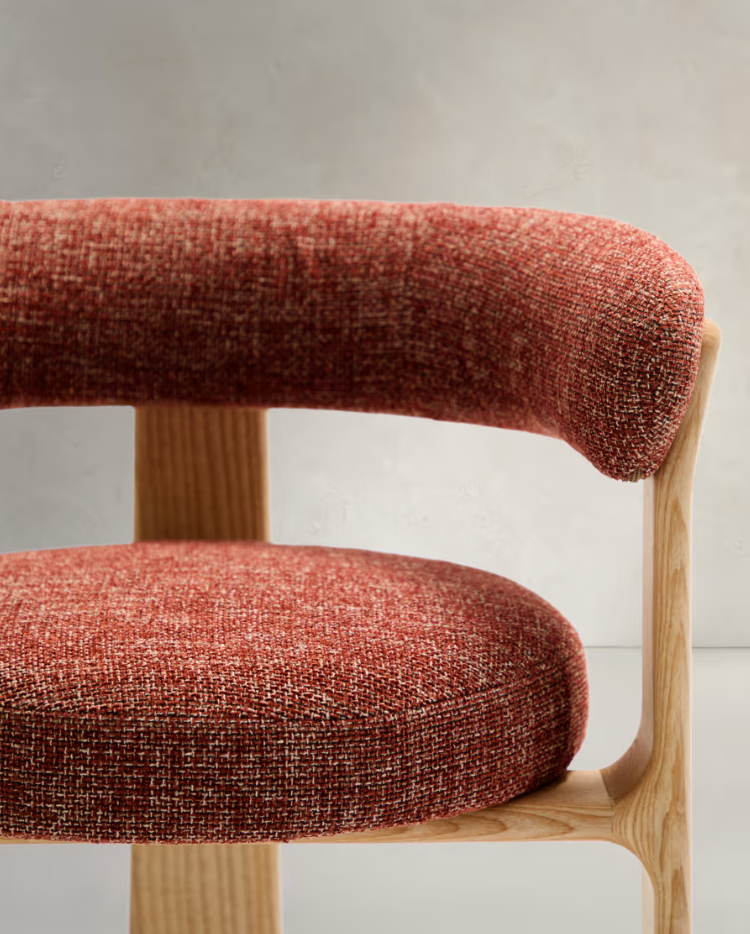 Granite Armchair with Armrests in Red Chenille with Ash Base