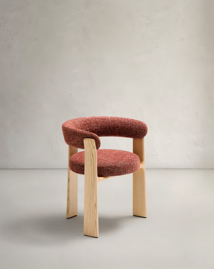 Granite Armchair with Armrests in Red Chenille with Ash Base