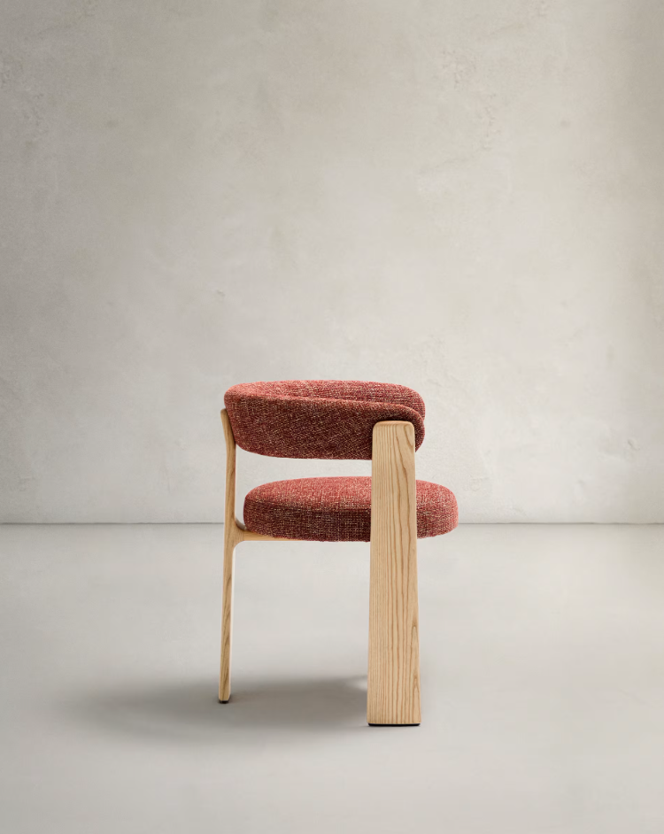 Granite Armchair with Armrests in Red Chenille with Ash Base