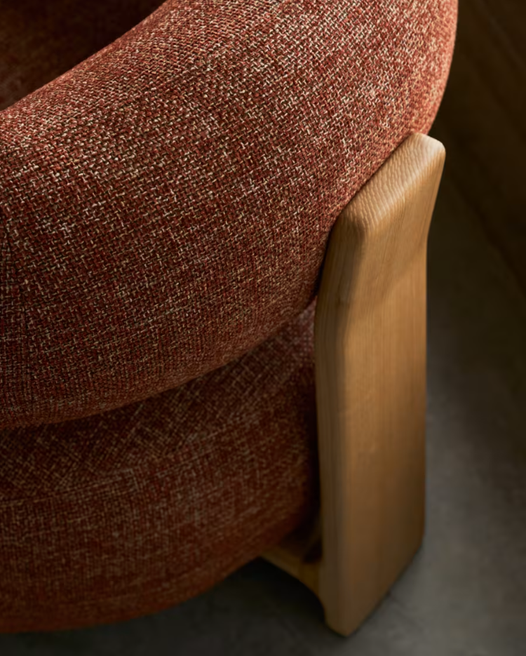 GRANITE armchair in red chenille with an ash base