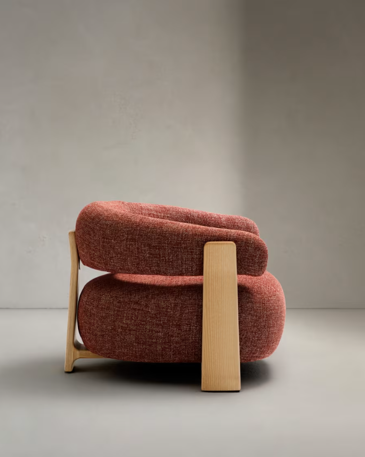 GRANITE armchair in red chenille with an ash base