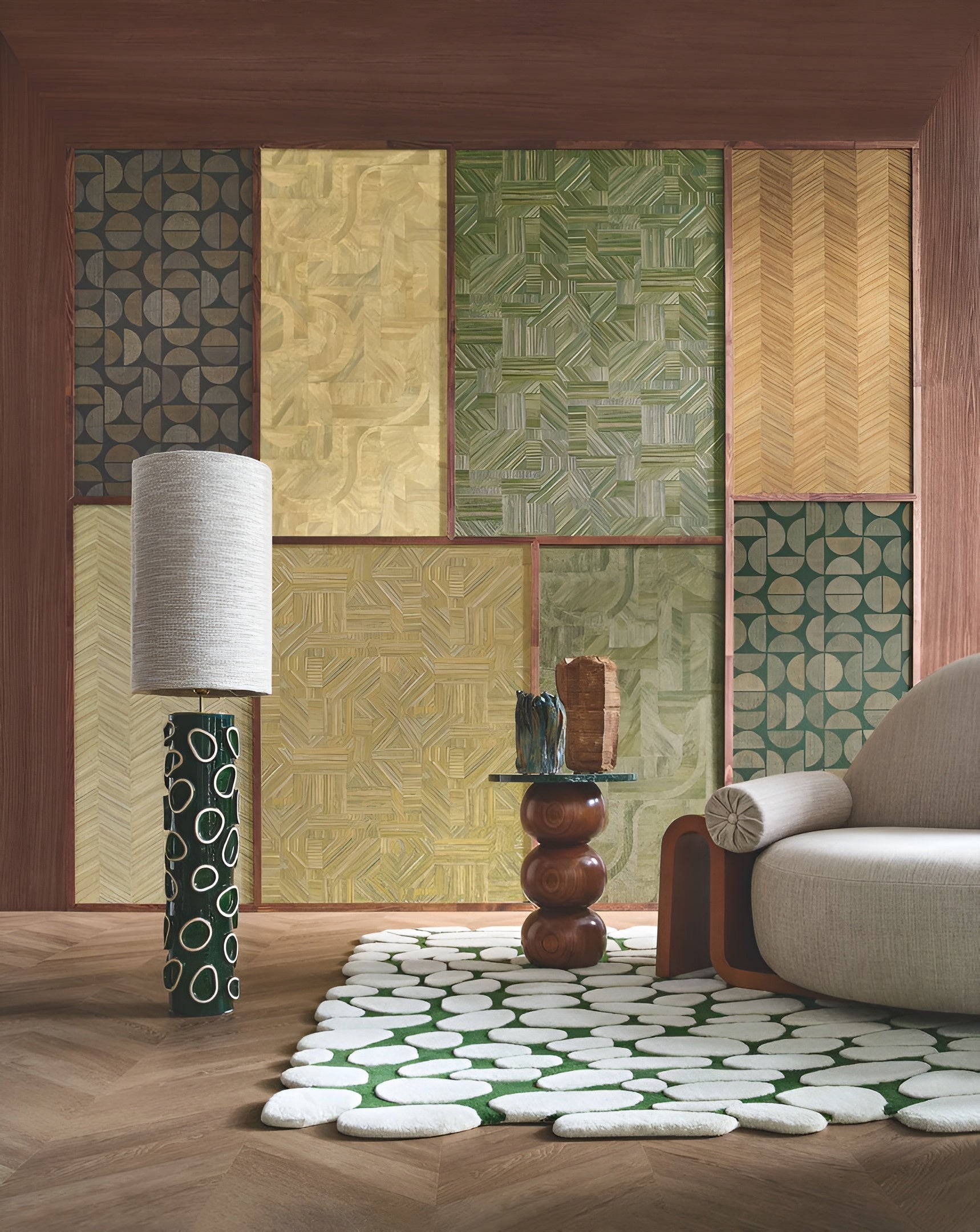 Structural wallpaper imitating raffia with geometric pattern DUALIS - VERT FORÊT green