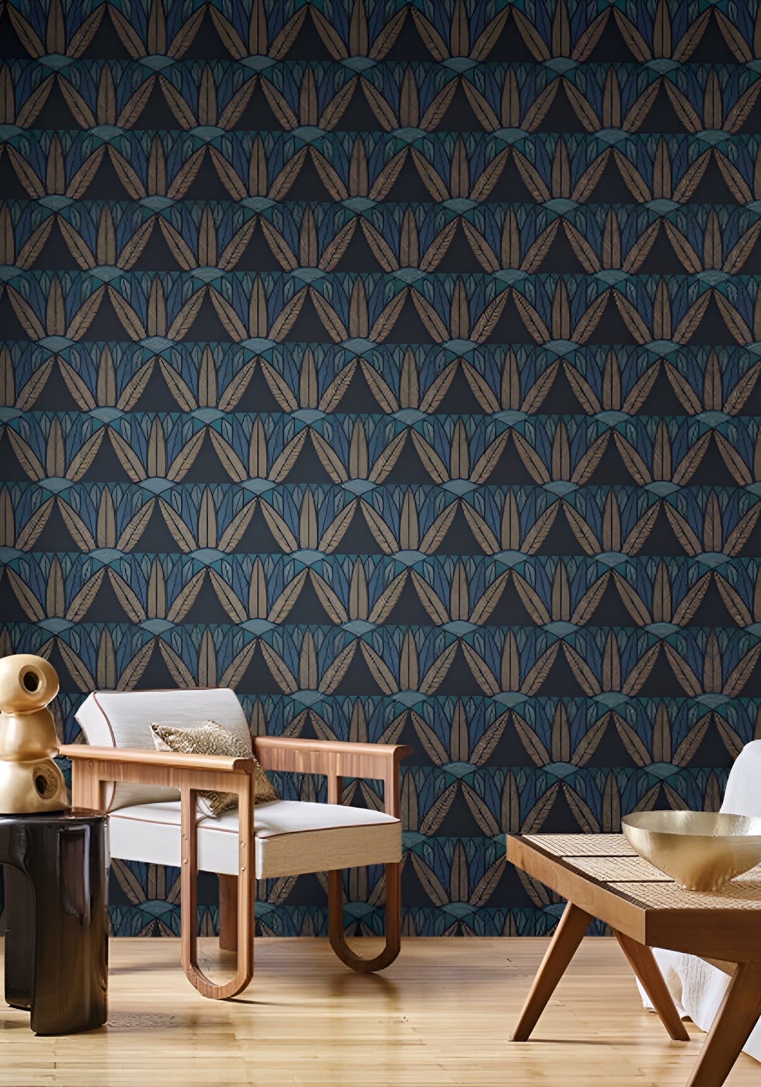 CASTALIA Lotus Flower Pattern Wallpaper - NOIR/TOPAZE Black with Blue